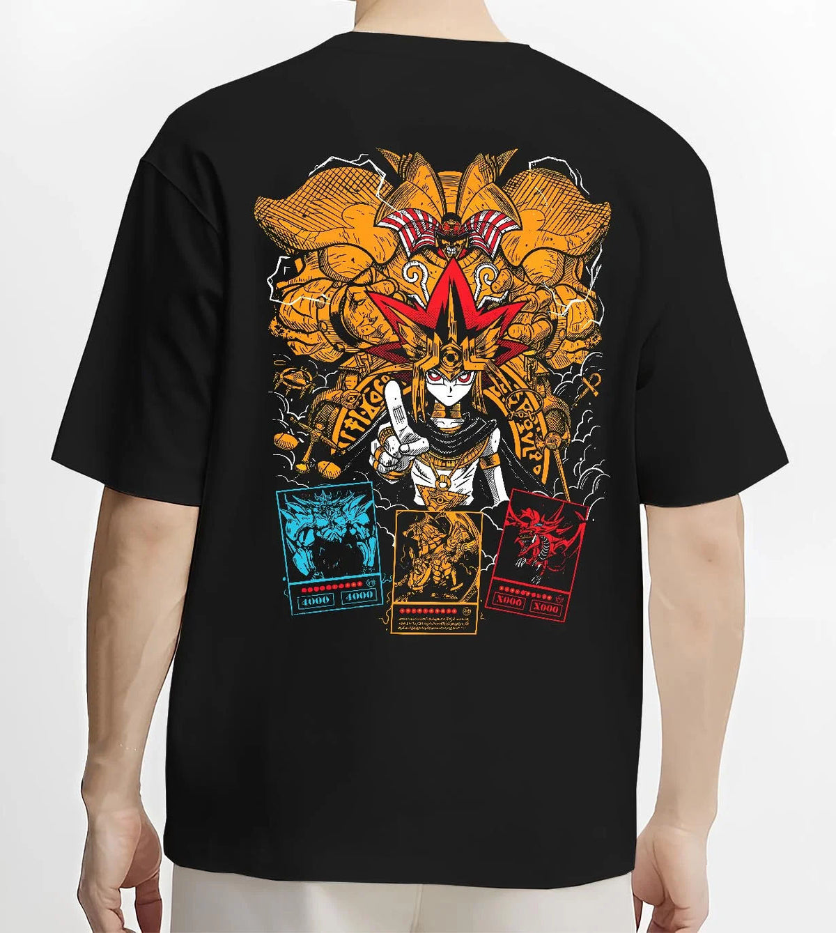 Black T-shirt worn by male model from the back featuring Exodia Yu-Gi-Oh forbidden power artwork.