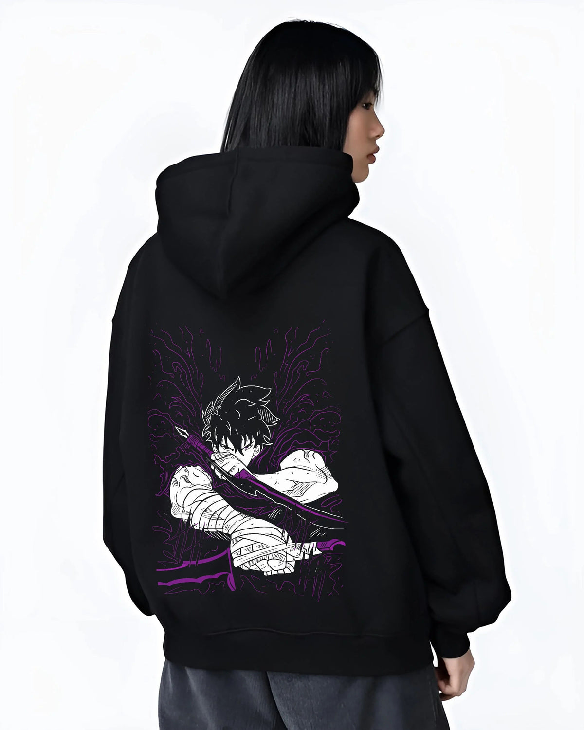 Black hoodie worn by female model from the back featuring Ken Kaneki Tokyo Ghoul dark awakening artwork.