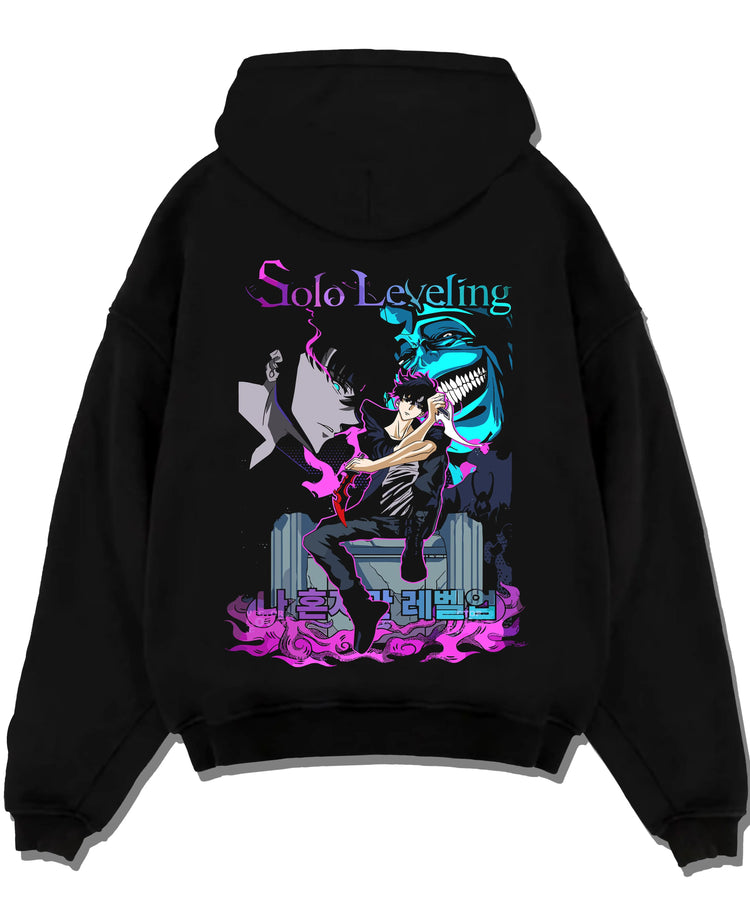 Black hoodie laid flat featuring Sung Jin-Woo Solo Leveling shadow extract artwork.