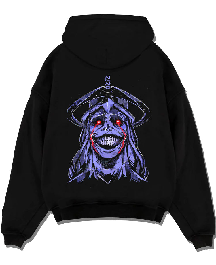 Black hoodie laid flat featuring Solo Leveling dark monarch face artwork.