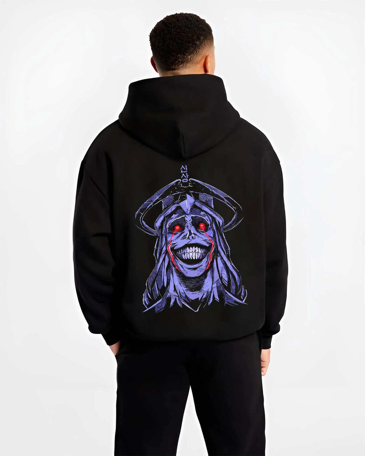 Black hoodie worn by male model from the back featuring Solo Leveling dark monarch face artwork.