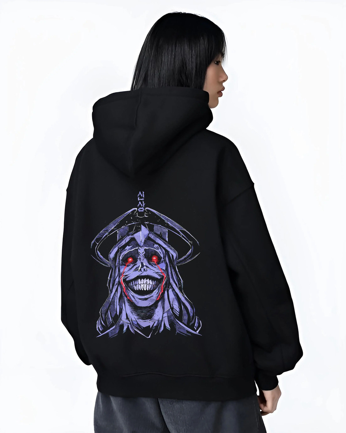 Black hoodie worn by female model from the back featuring Solo Leveling dark monarch face artwork.