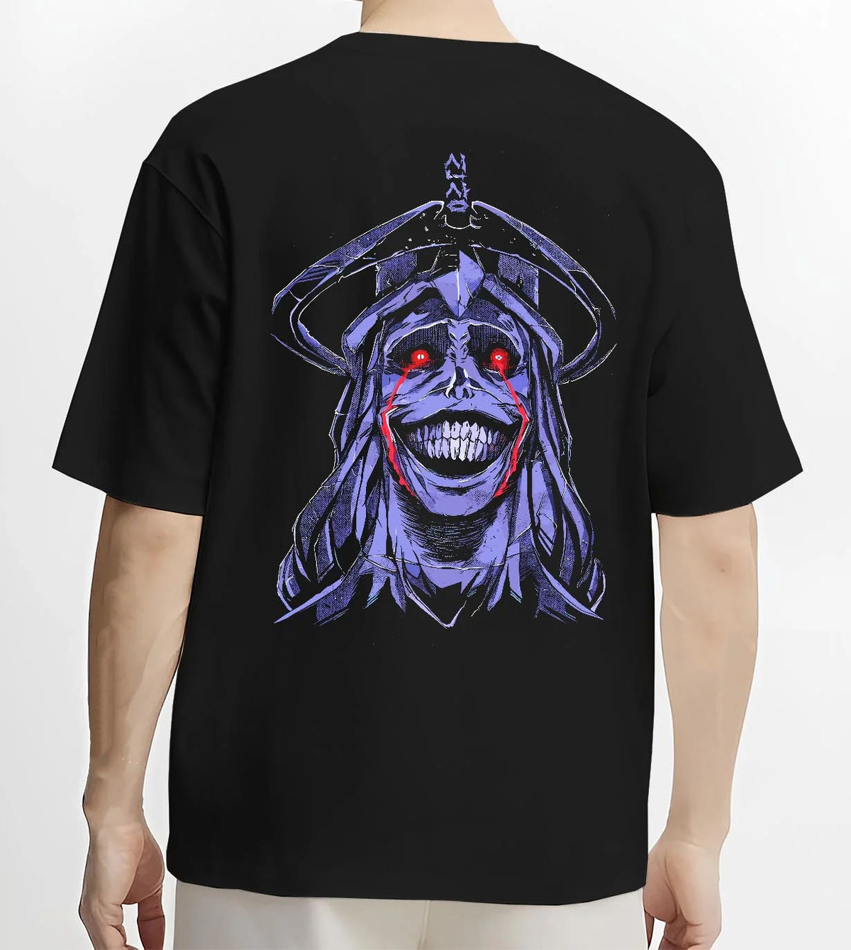 Black T-shirt worn by male model from the back featuring Solo Leveling dark monarch face artwork.