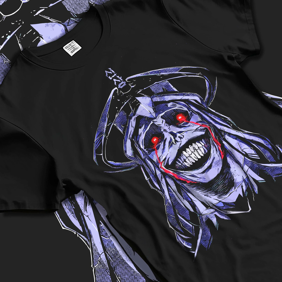 Black T-shirt laid flat with natural folds featuring Solo Leveling dark monarch face artwork.