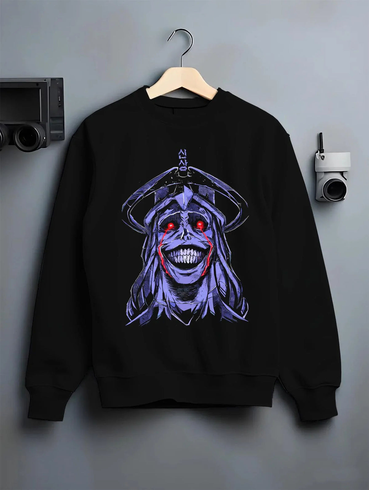 Black crewneck sweatshirt on hanger featuring Solo Leveling dark monarch face artwork.