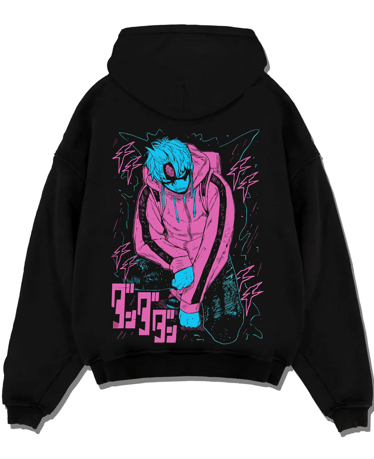 Black pullover hoodie laid flat with JoJo Hoodie Yoshikage Kira Bizarre Adventure Killer graphic bold anime graphic.