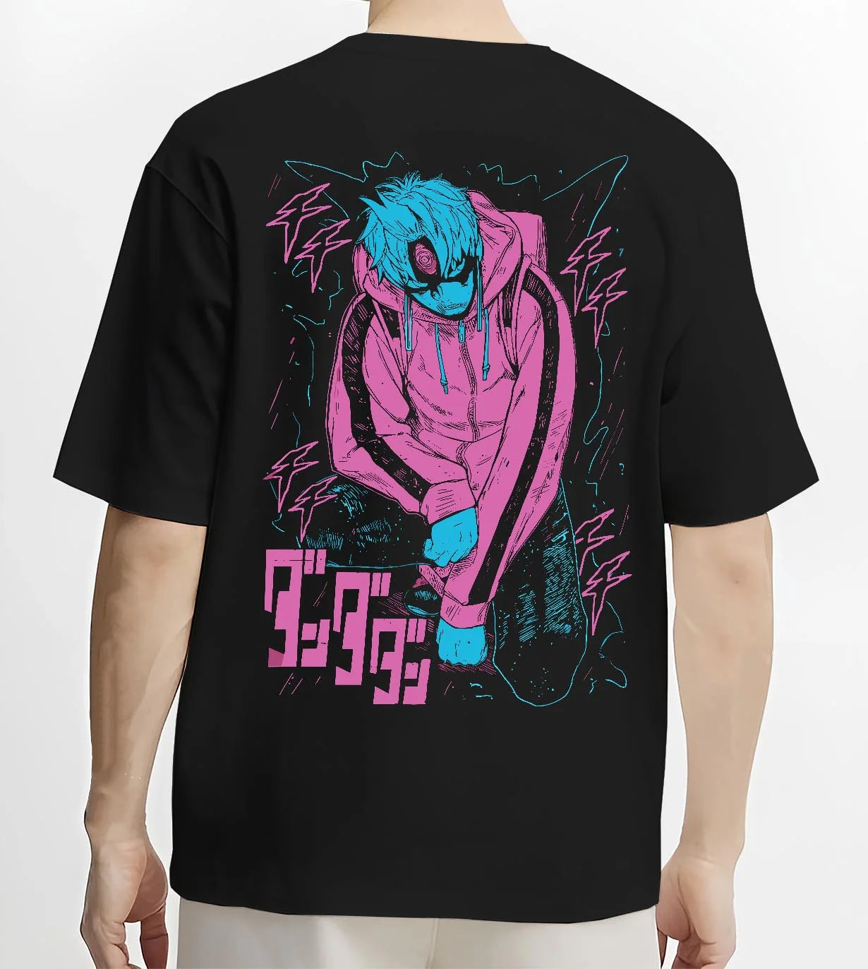 Black T-shirt worn by male model, back view with JoJo Hoodie Yoshikage Kira Bizarre Adventure Killer graphic premium wear.