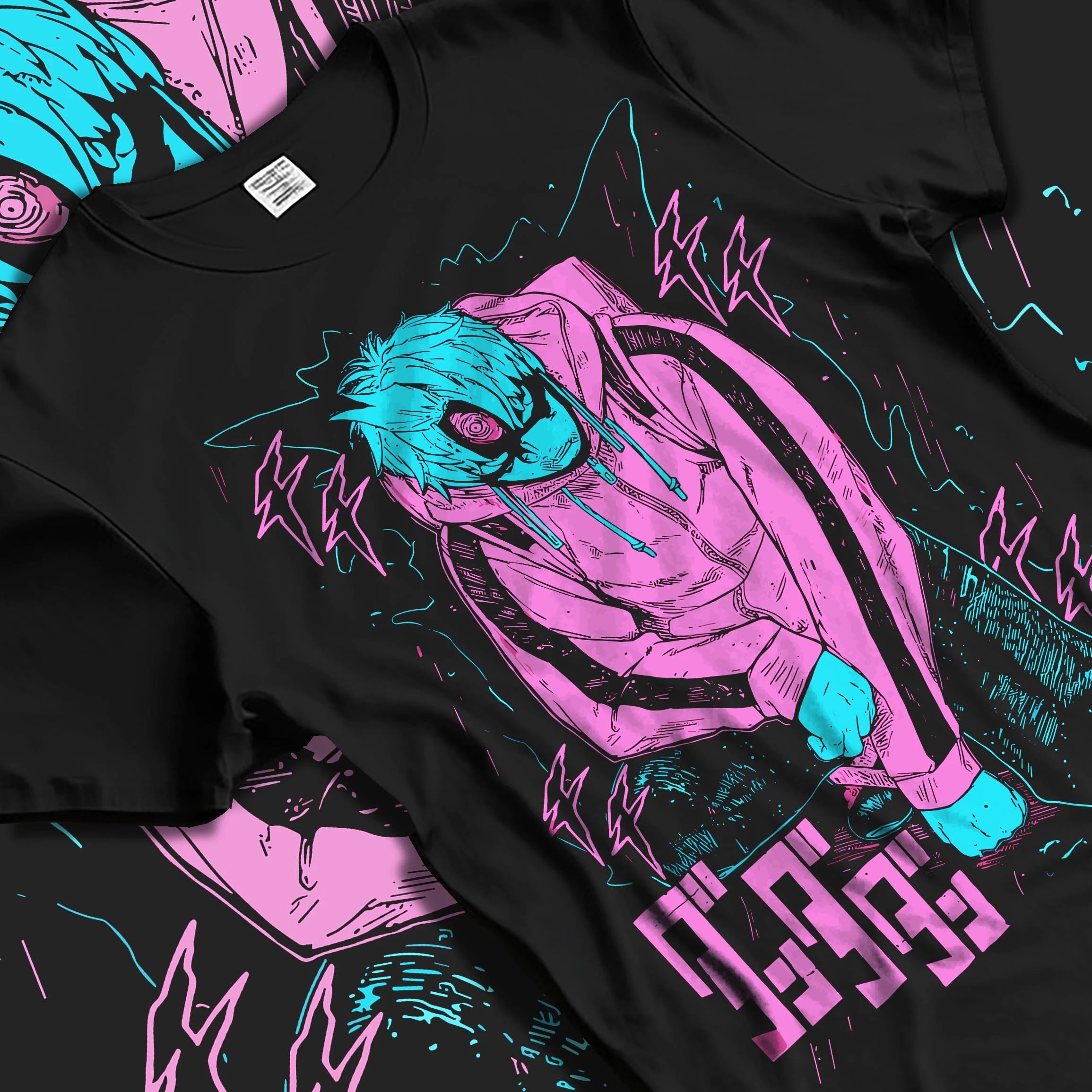 Black T-shirt laid flat with natural folds with JoJo Hoodie Yoshikage Kira Bizarre Adventure Killer graphic bold anime graphic.