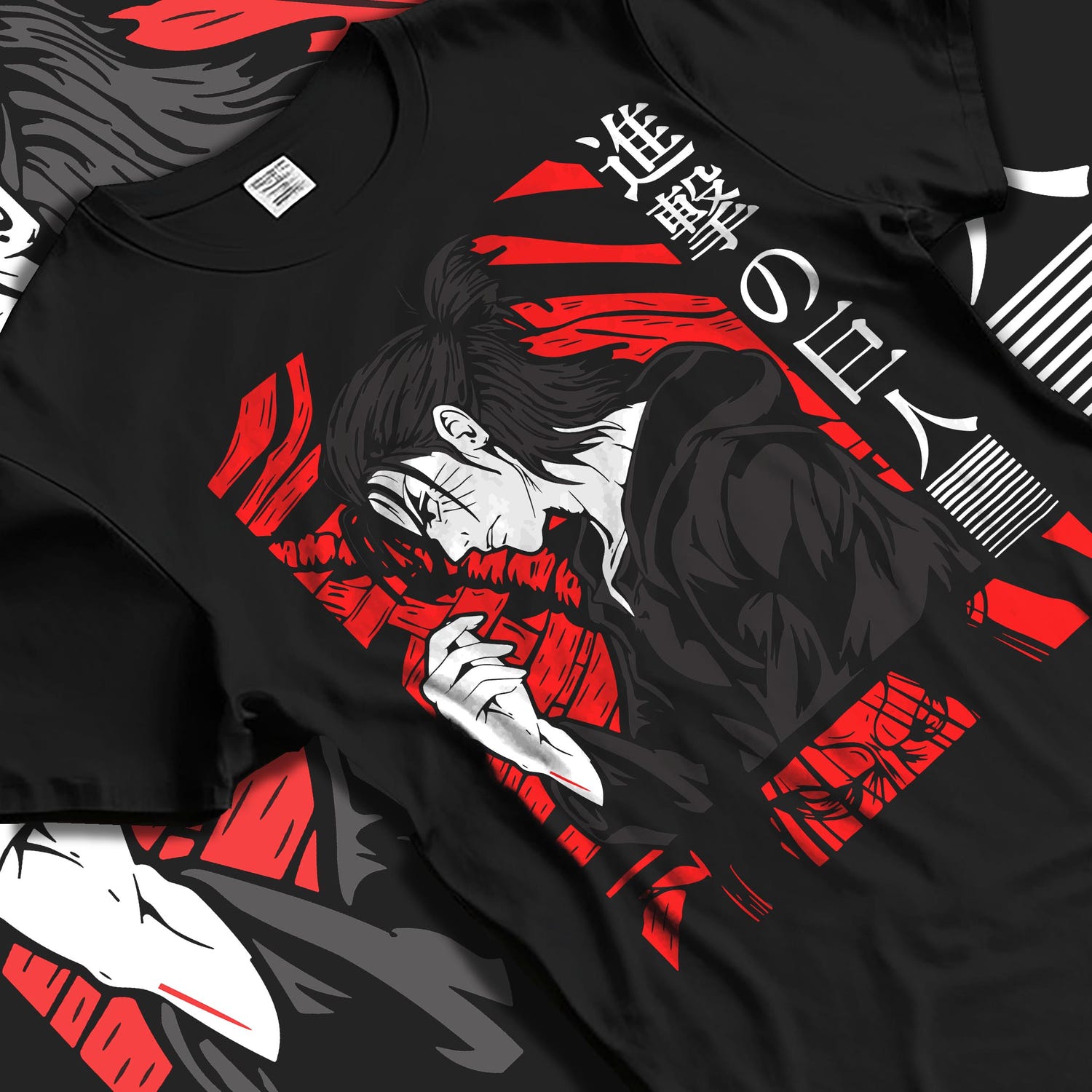 Black T-shirt laid flat with natural fabric folds, featuring Attack on Titan Eren Yeager anime poster inspired artwork in dark manga panel style with striking red accents.