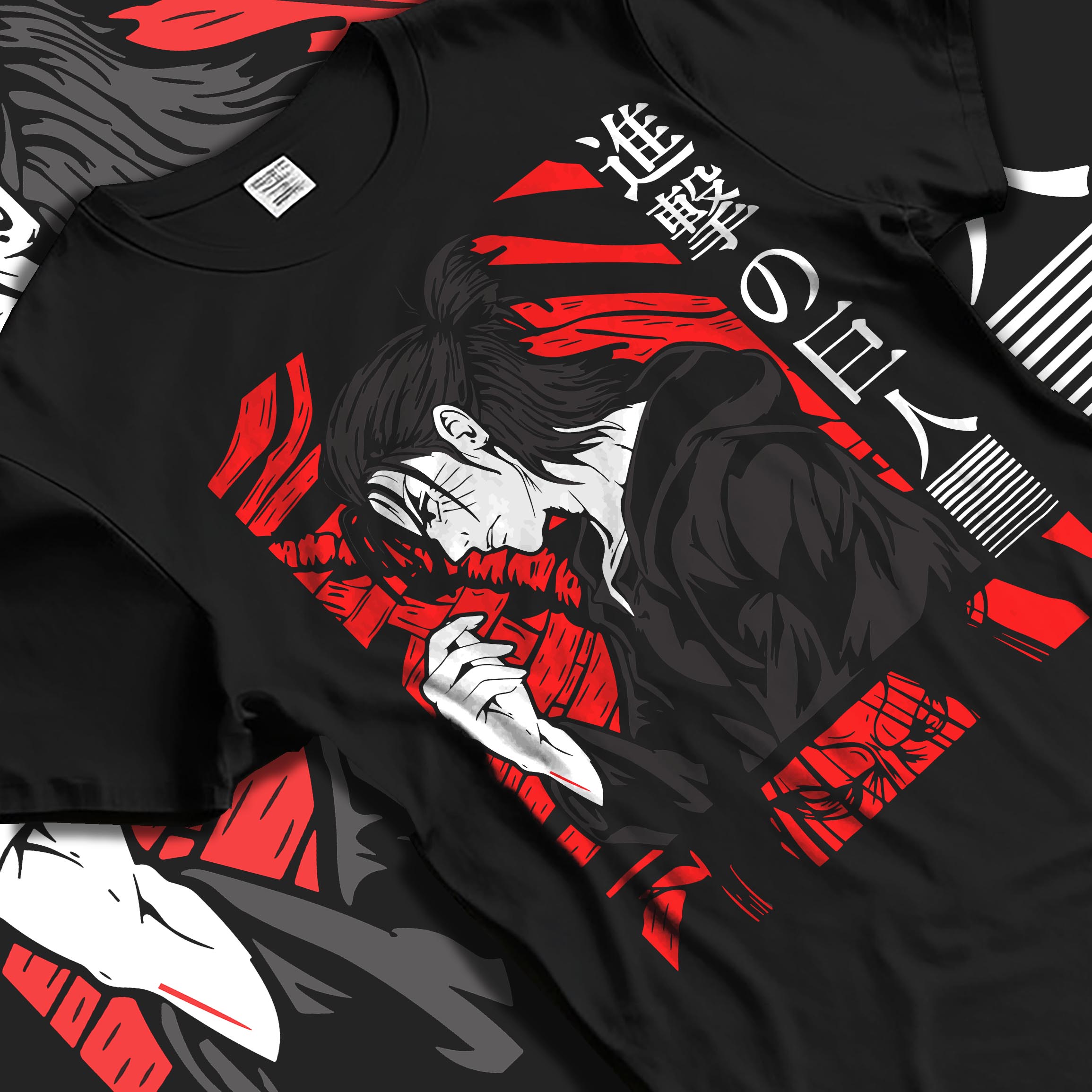 Black T-shirt laid flat with natural fabric folds, featuring Attack on Titan Eren Yeager anime poster inspired artwork in dark manga panel style with striking red accents.