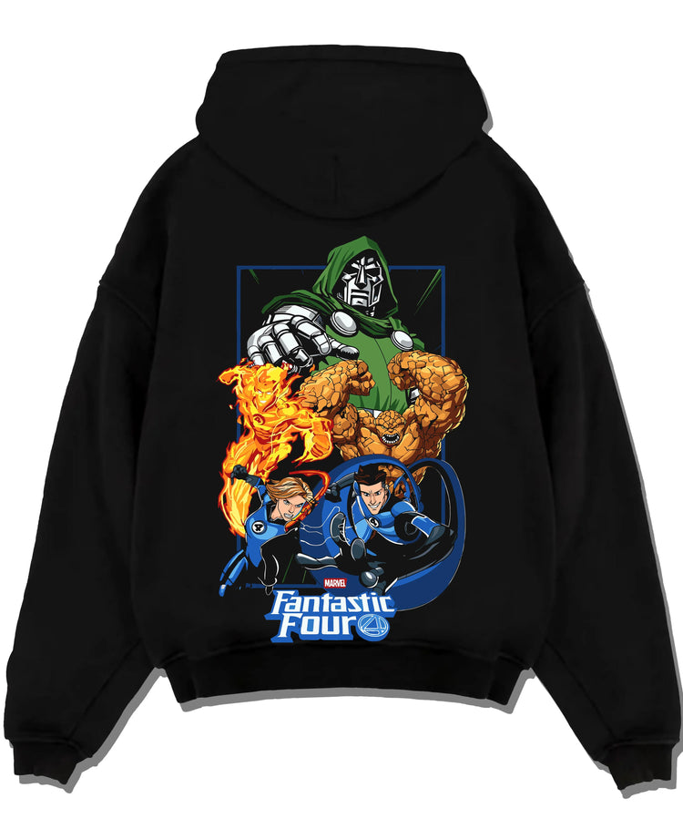 Black pullover hoodie laid flat with Doctor Doom Hoodie Fantastic Four Retro Villain Art graphic premium wear.