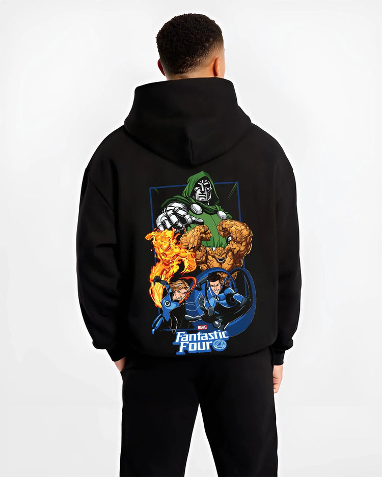 Black hoodie worn by male model, back view with Doctor Doom Hoodie Fantastic Four Retro Villain Art graphic premium wear.