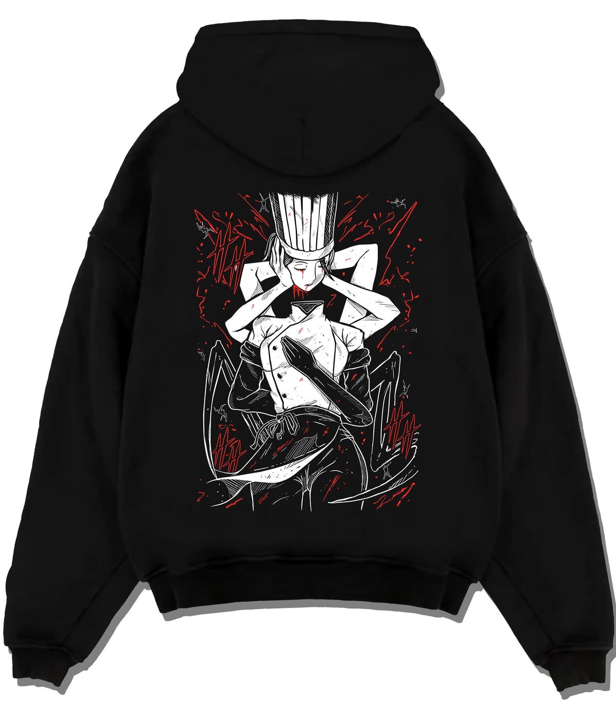 Black hoodie flat back view with Falling Devil in chef attire from Chainsaw Man illustrated back graphic