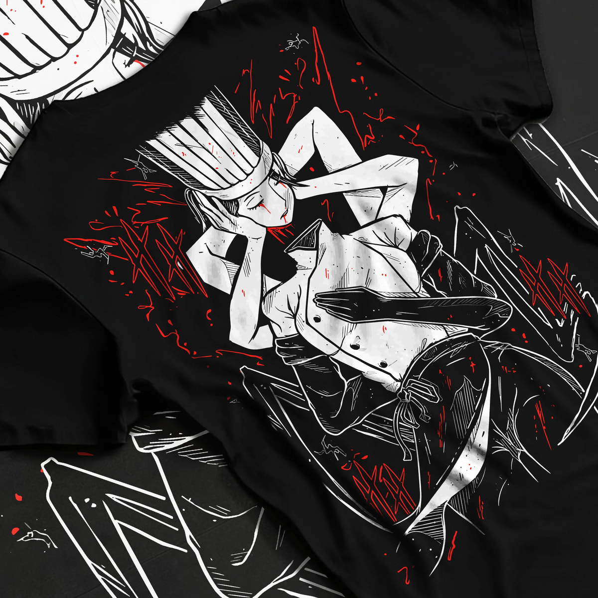 Black T-shirt flat back view with Falling Devil in chef attire from Chainsaw Man illustrated back graphic