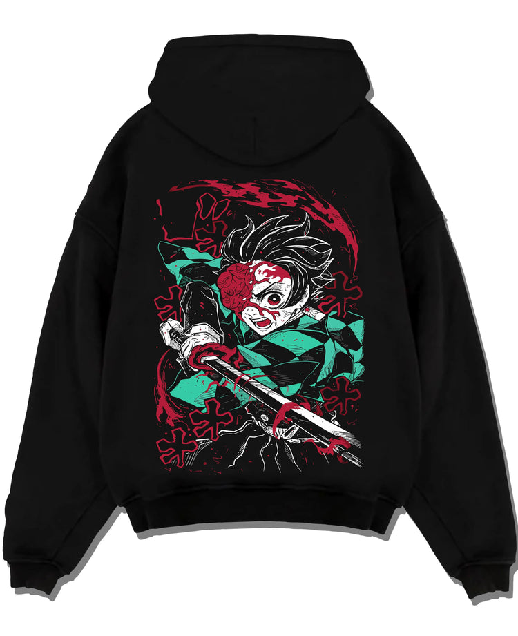 Black hoodie laid flat featuring Tanjiro Kamado Demon Slayer Fire God Dance artwork.