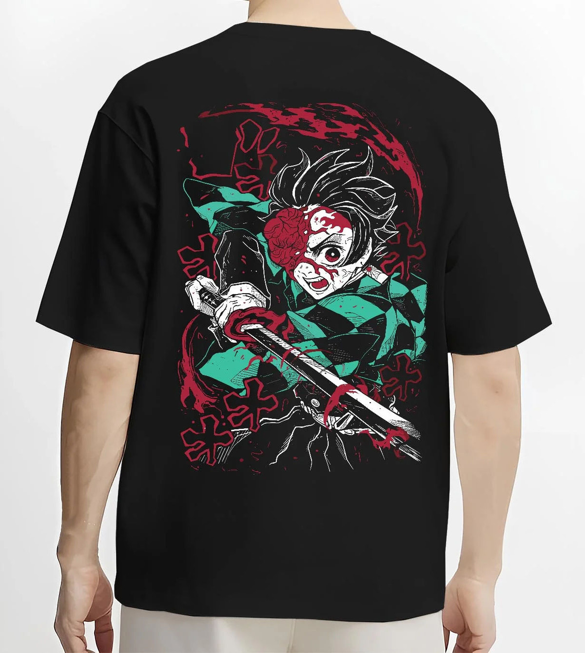Black T-shirt worn by male model from the back featuring Tanjiro Kamado Demon Slayer Fire God Dance artwork.
