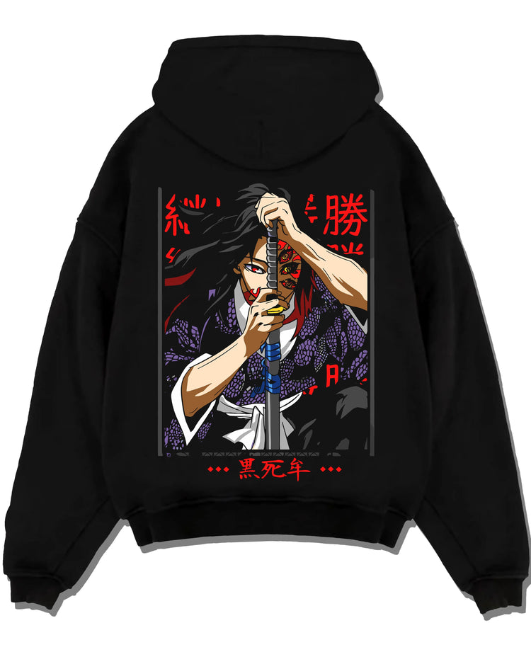 Black pullover hoodie laid flat with Demon Slayer Hoodie Kokushibo Sword Form Jumper graphic bold anime graphic.