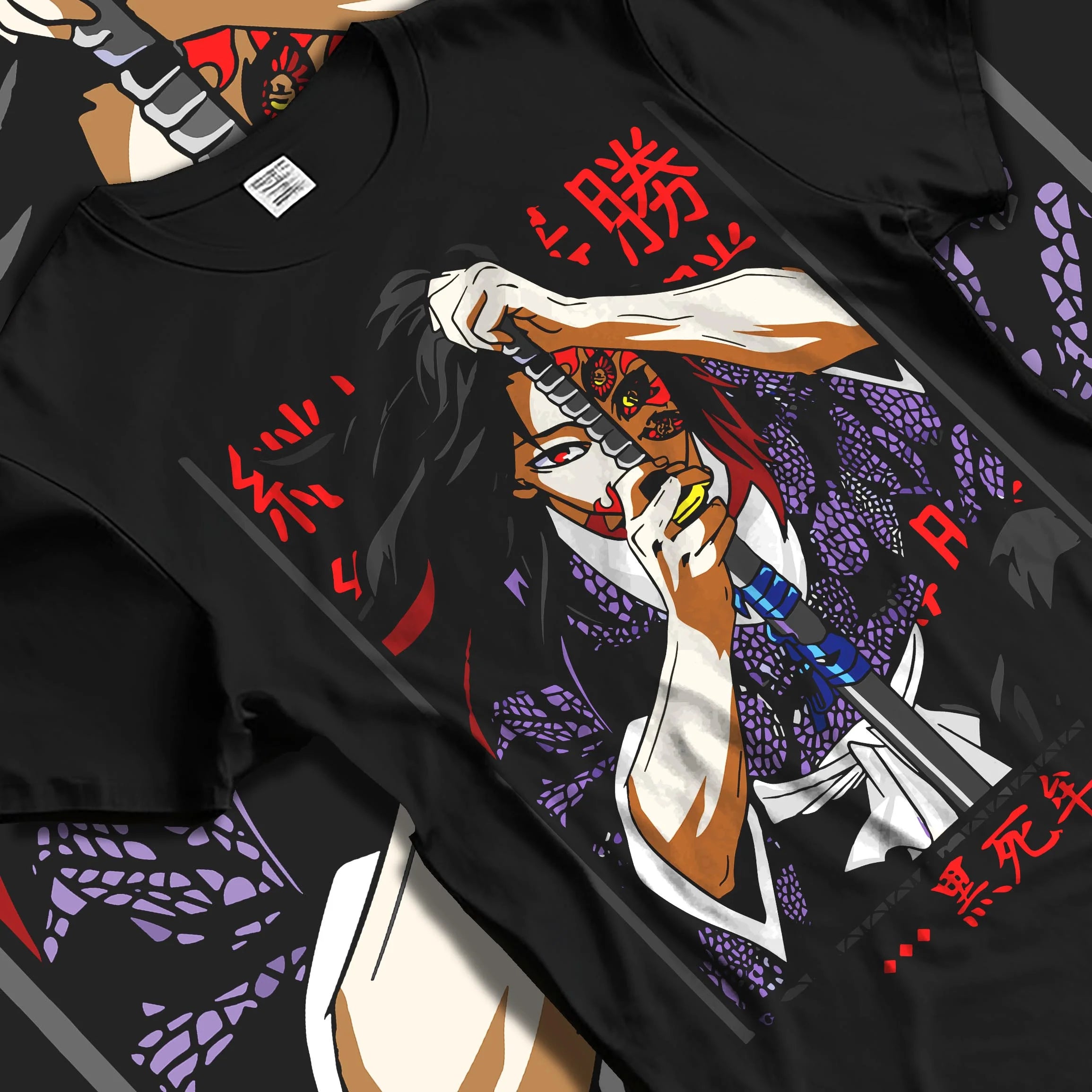 Black T-shirt laid flat with natural folds with Demon Slayer Hoodie Kokushibo Sword Form Jumper graphic streetwear graphic.