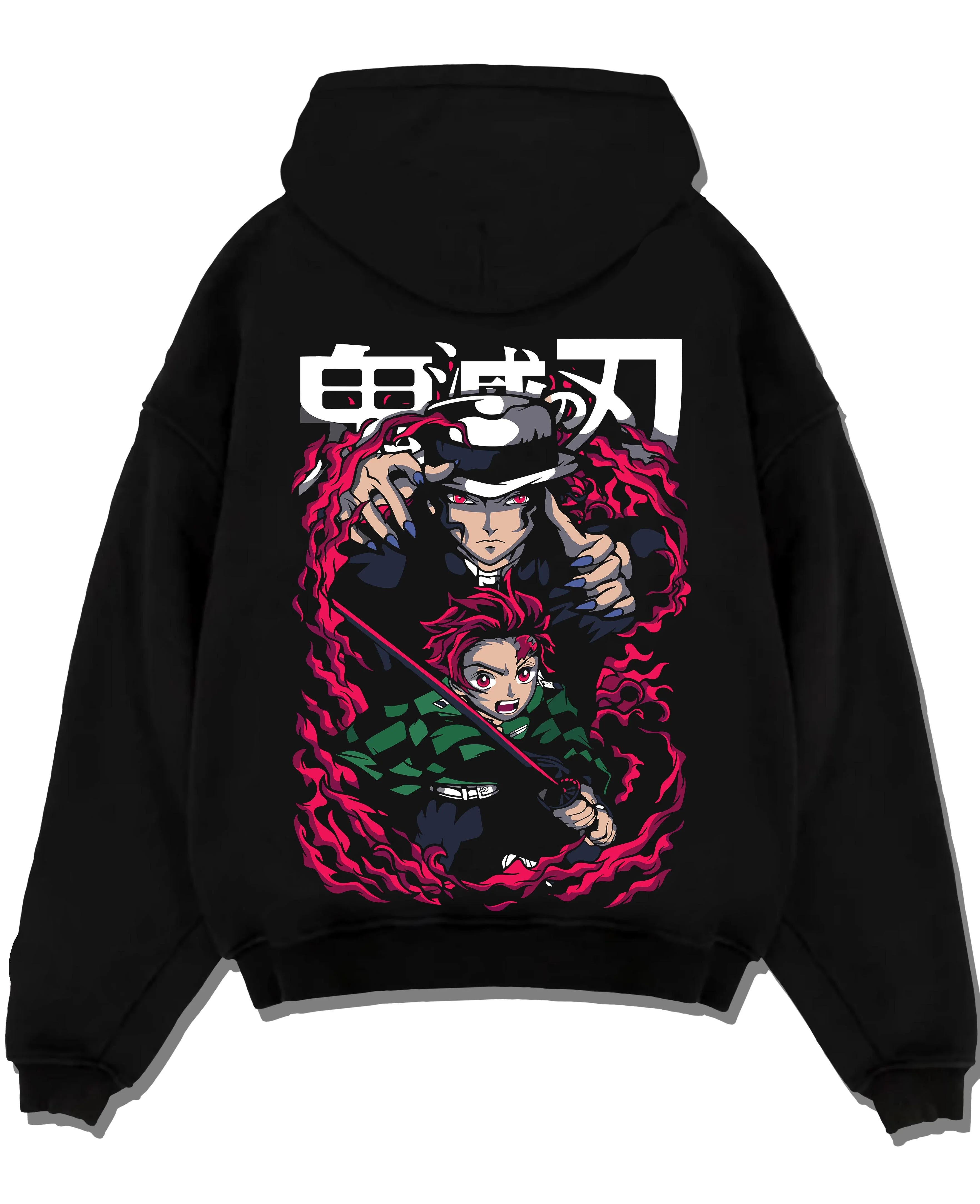 Black pullover hoodie laid flat with Demon Slayer Hoodie Kokushibo Blade Duel Jumper graphic premium wear.
