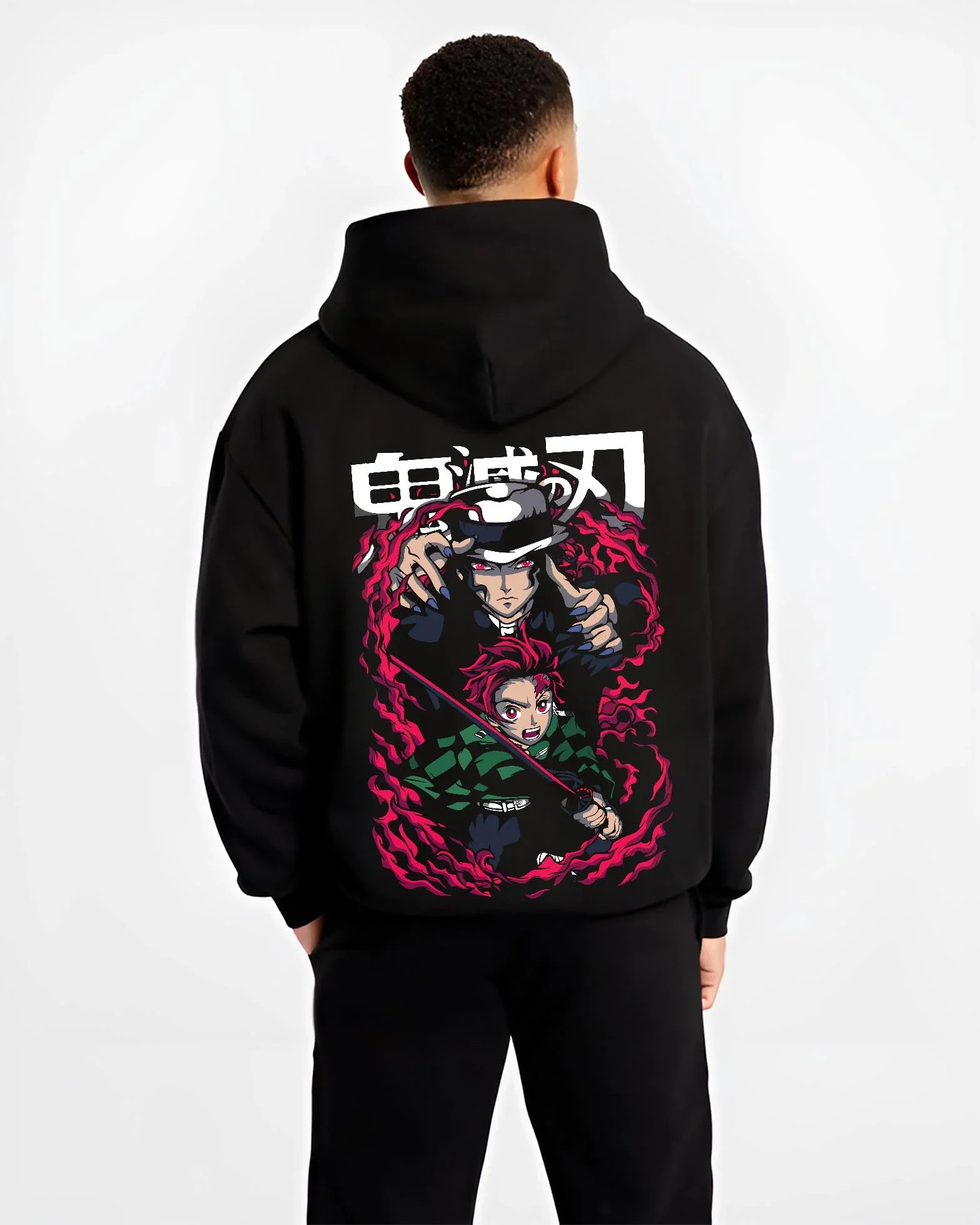 Black hoodie worn by male model, back view with Demon Slayer Hoodie Kokushibo Blade Duel Jumper graphic bold anime graphic.