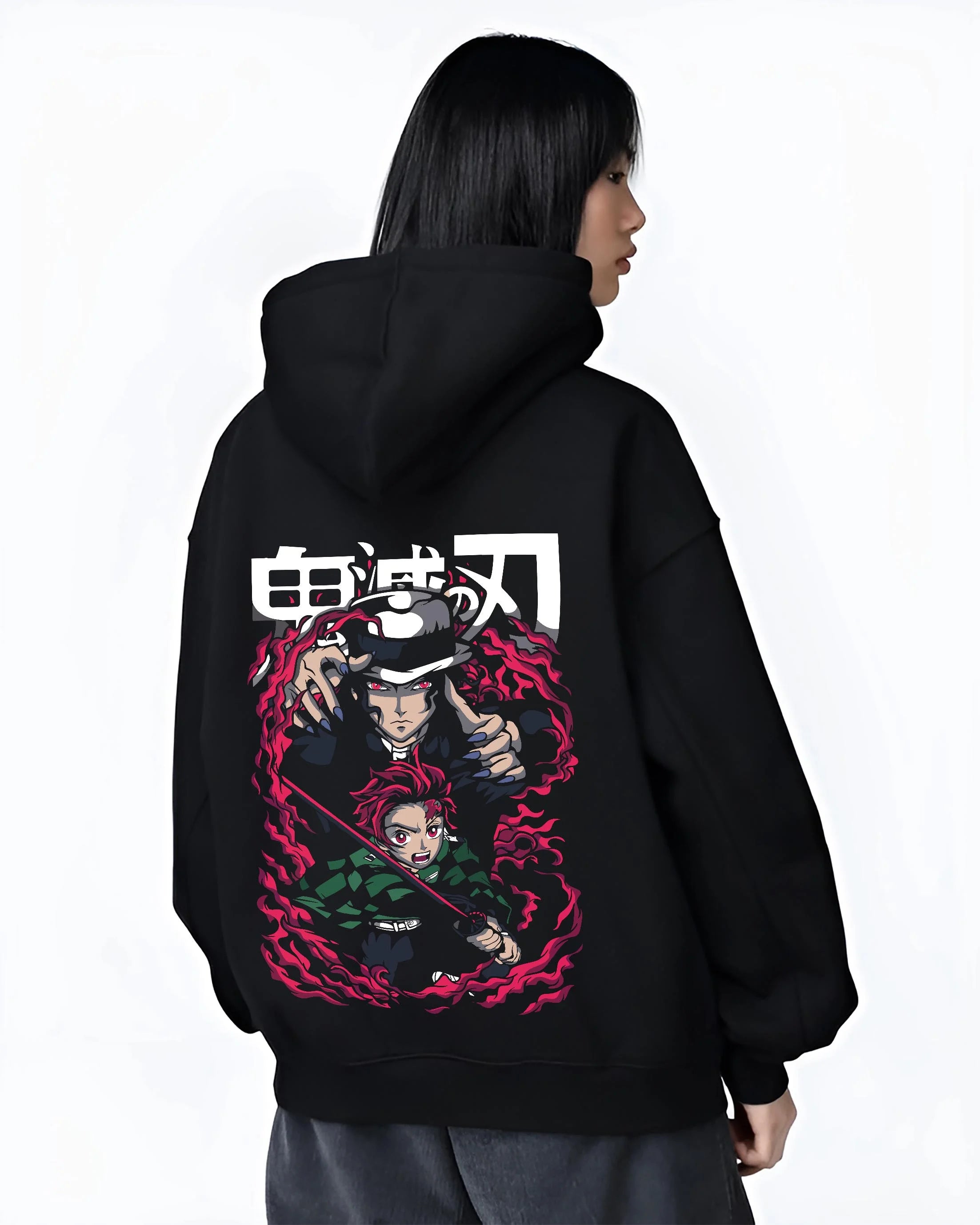Black hoodie worn by female model, back view with Demon Slayer Hoodie Kokushibo Blade Duel Jumper graphic bold anime graphic.