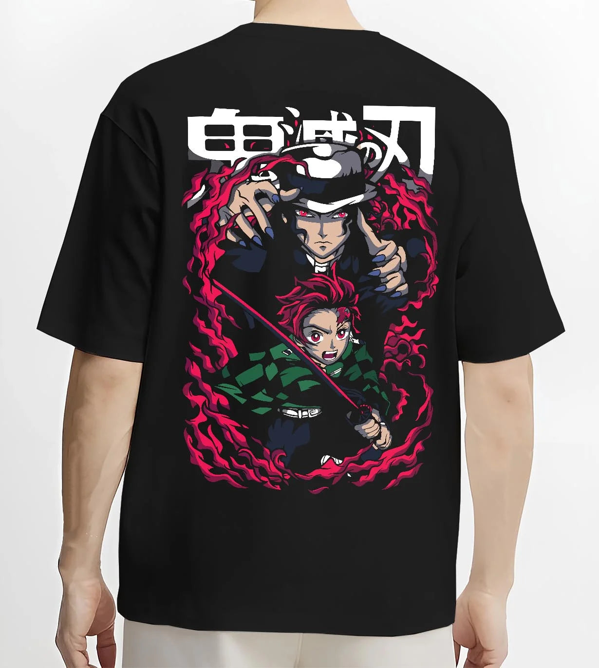 Black T-shirt worn by male model, back view with Demon Slayer Hoodie Kokushibo Blade Duel Jumper graphic premium wear.