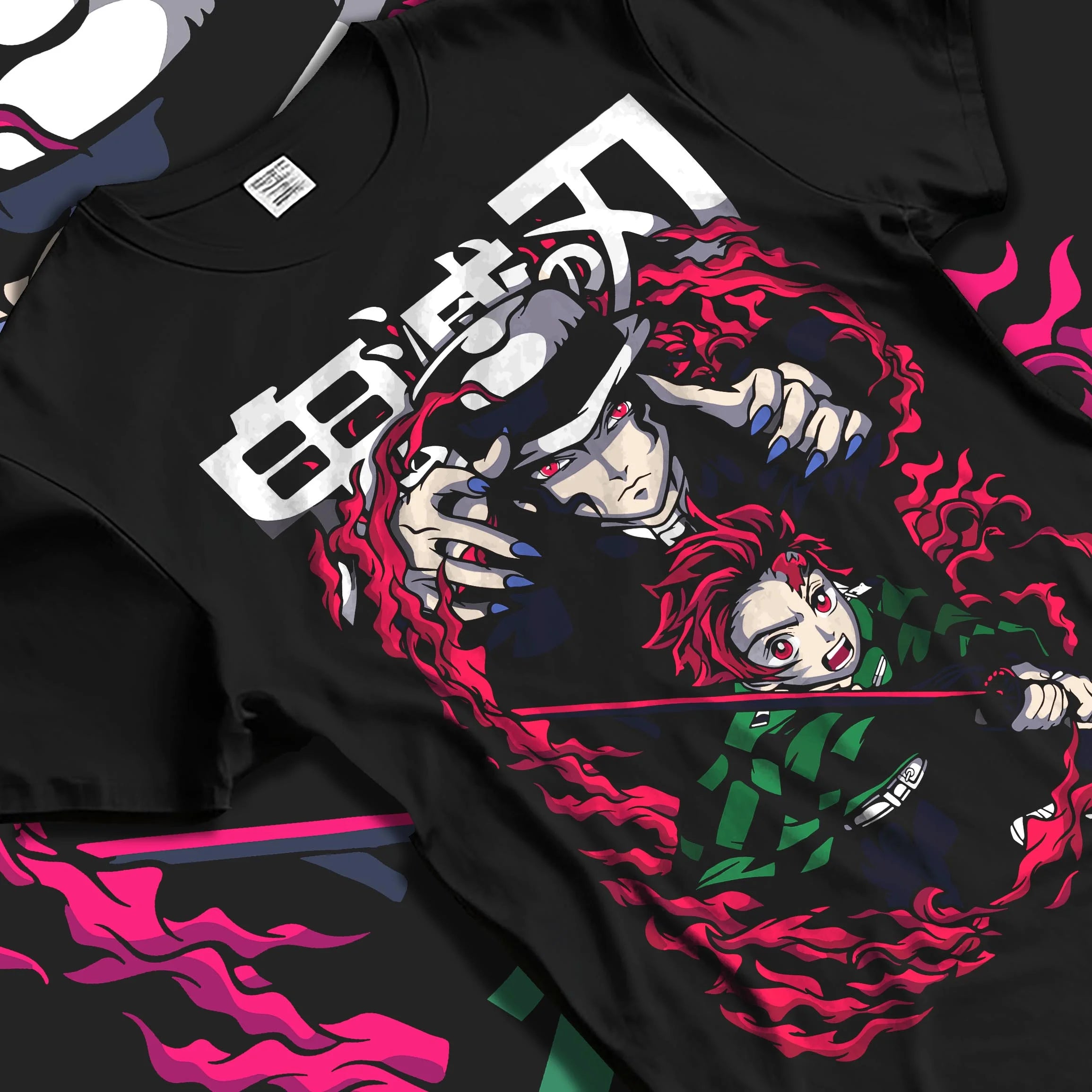 Black T-shirt laid flat with natural folds with Demon Slayer Hoodie Kokushibo Blade Duel Jumper graphic premium wear.
