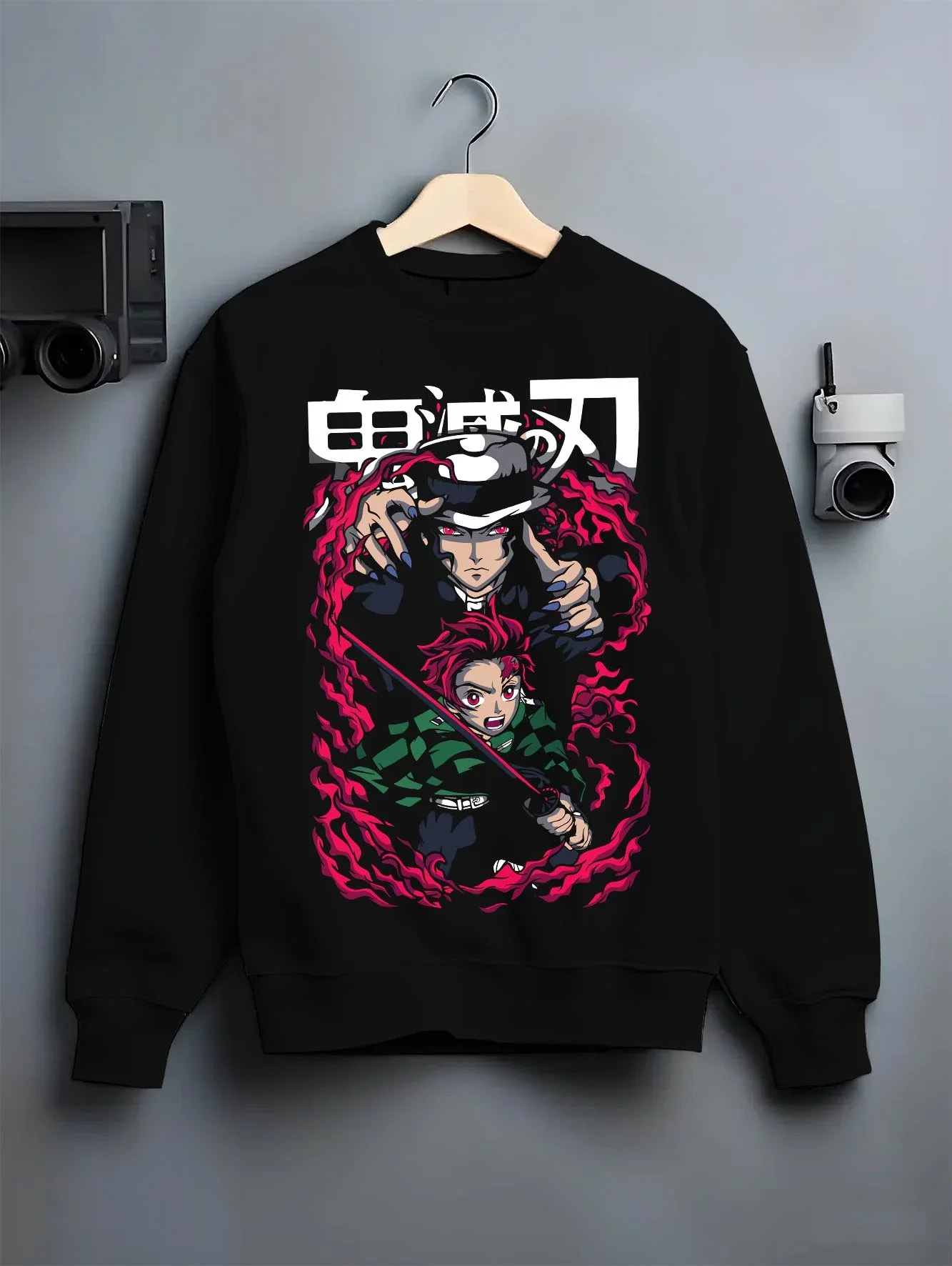 Black crewneck sweatshirt on hanger with Demon Slayer Hoodie Kokushibo Blade Duel Jumper graphic bold anime graphic.