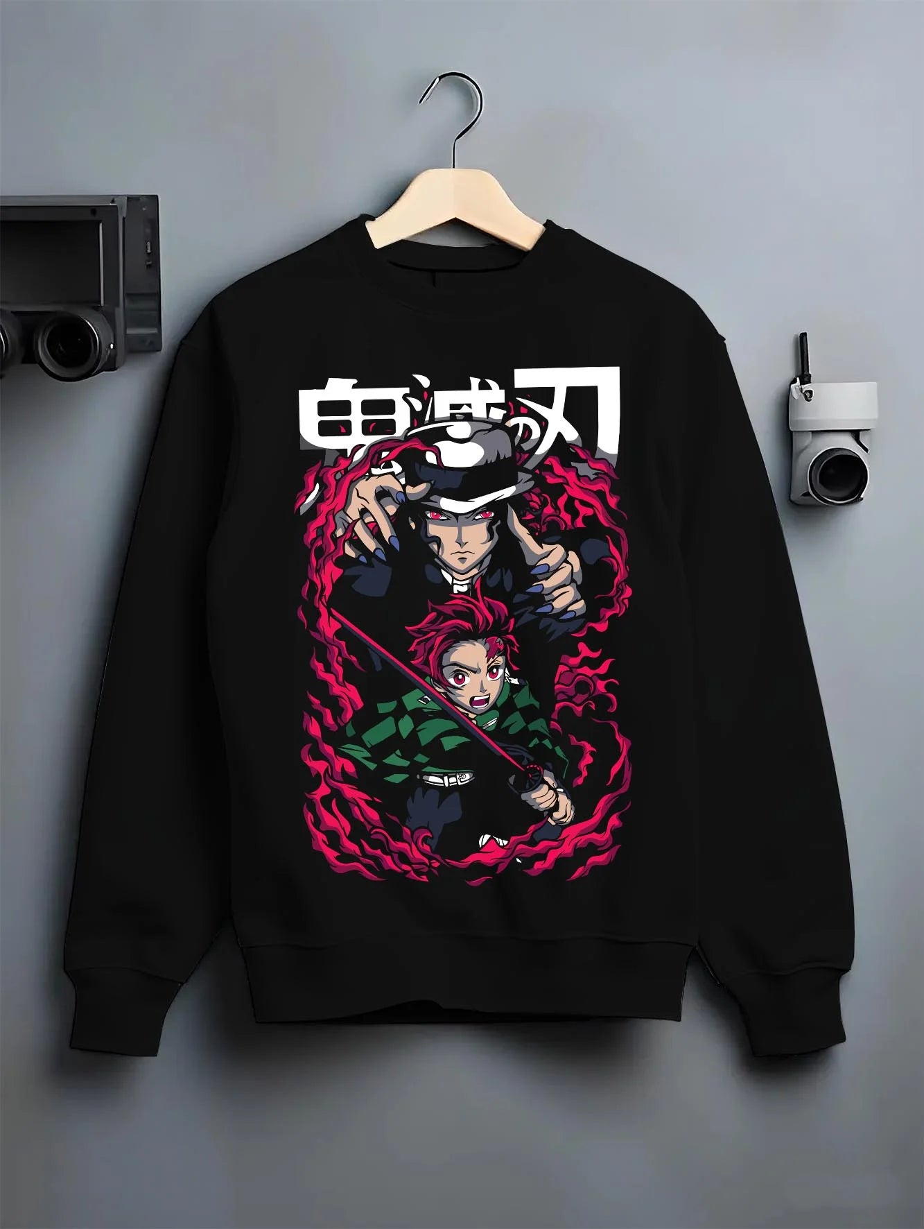 Black crewneck sweatshirt on hanger with Demon Slayer Hoodie Kokushibo Blade Duel Jumper graphic bold anime graphic.