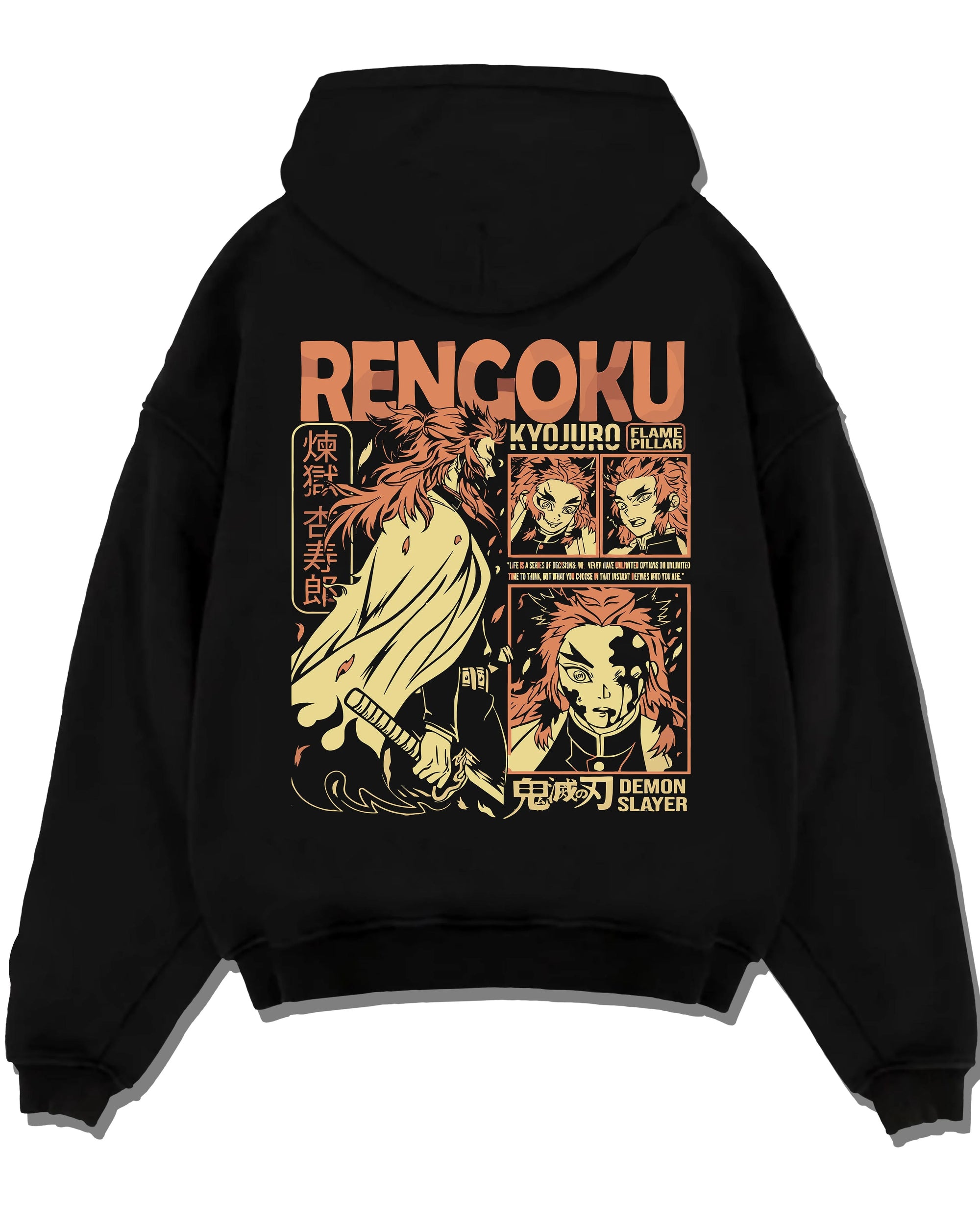 Black pullover hoodie laid flat with Demon Slayer Rengoku Hoodie Flame Hashira Jumper graphic streetwear graphic.