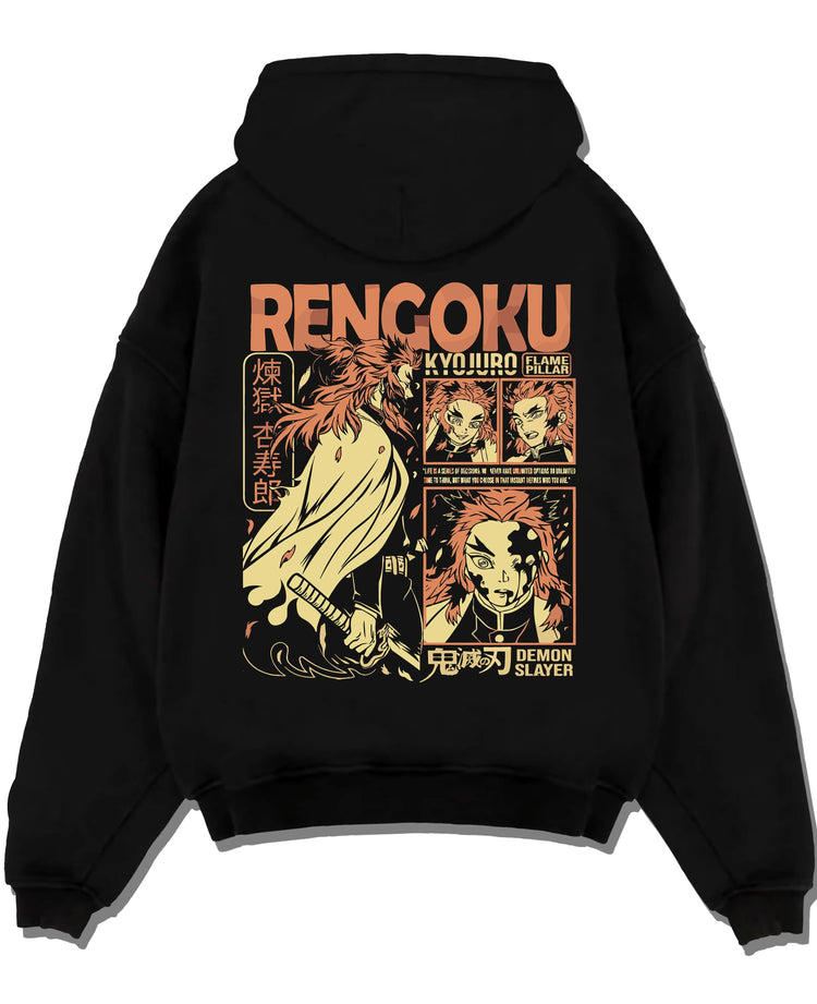Black pullover hoodie laid flat with Demon Slayer Rengoku Hoodie Flame Hashira Jumper graphic streetwear graphic.