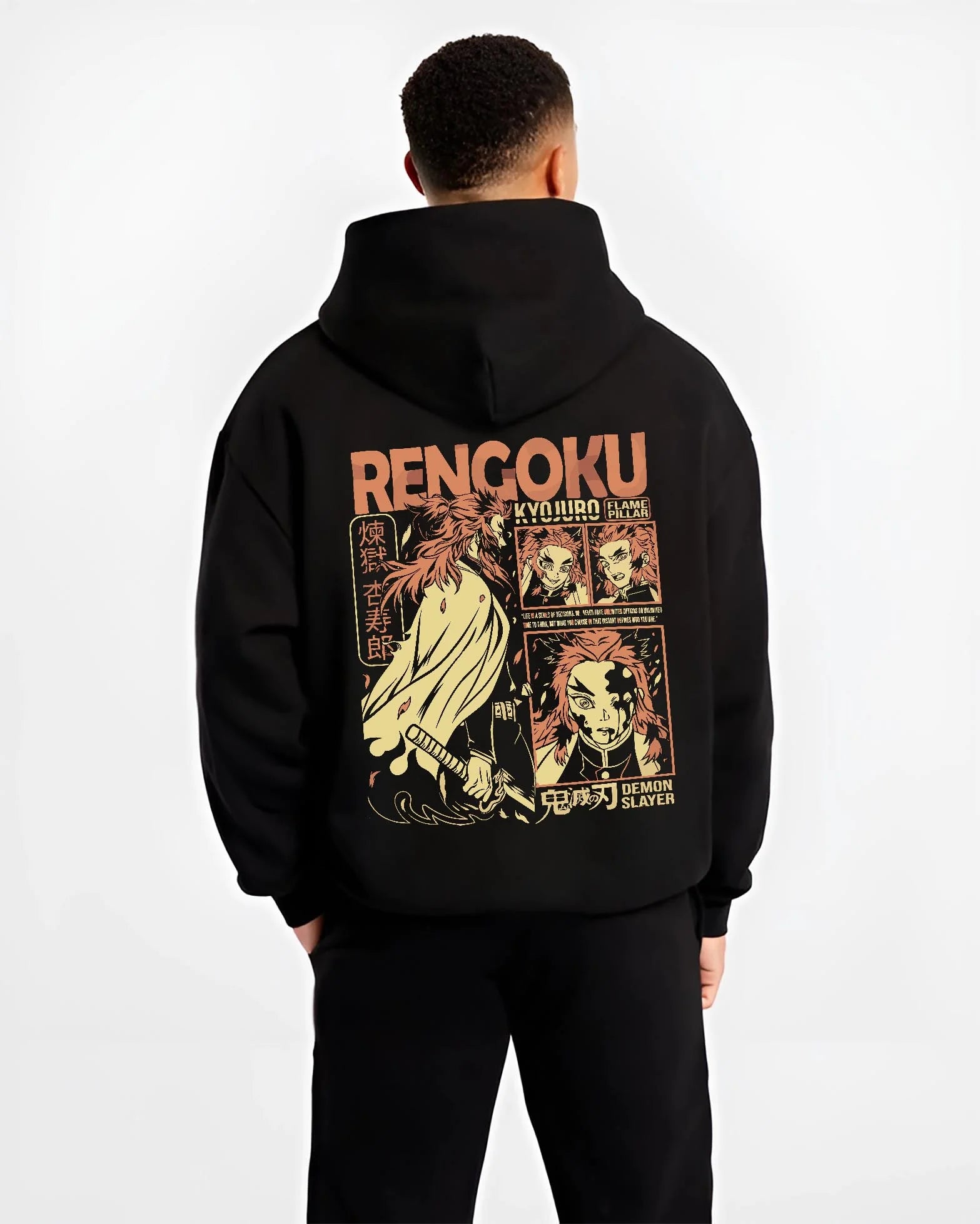 Black hoodie worn by male model, back view with Demon Slayer Rengoku Hoodie Flame Hashira Jumper graphic bold anime graphic.