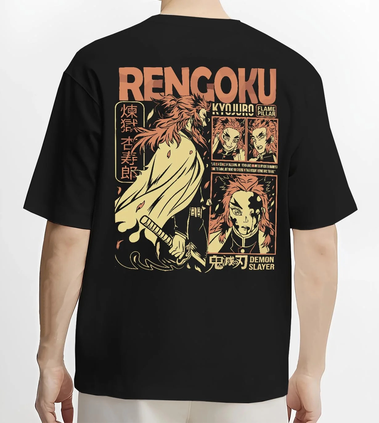 Black T-shirt worn by male model, back view with Demon Slayer Rengoku Hoodie Flame Hashira Jumper graphic bold anime graphic.