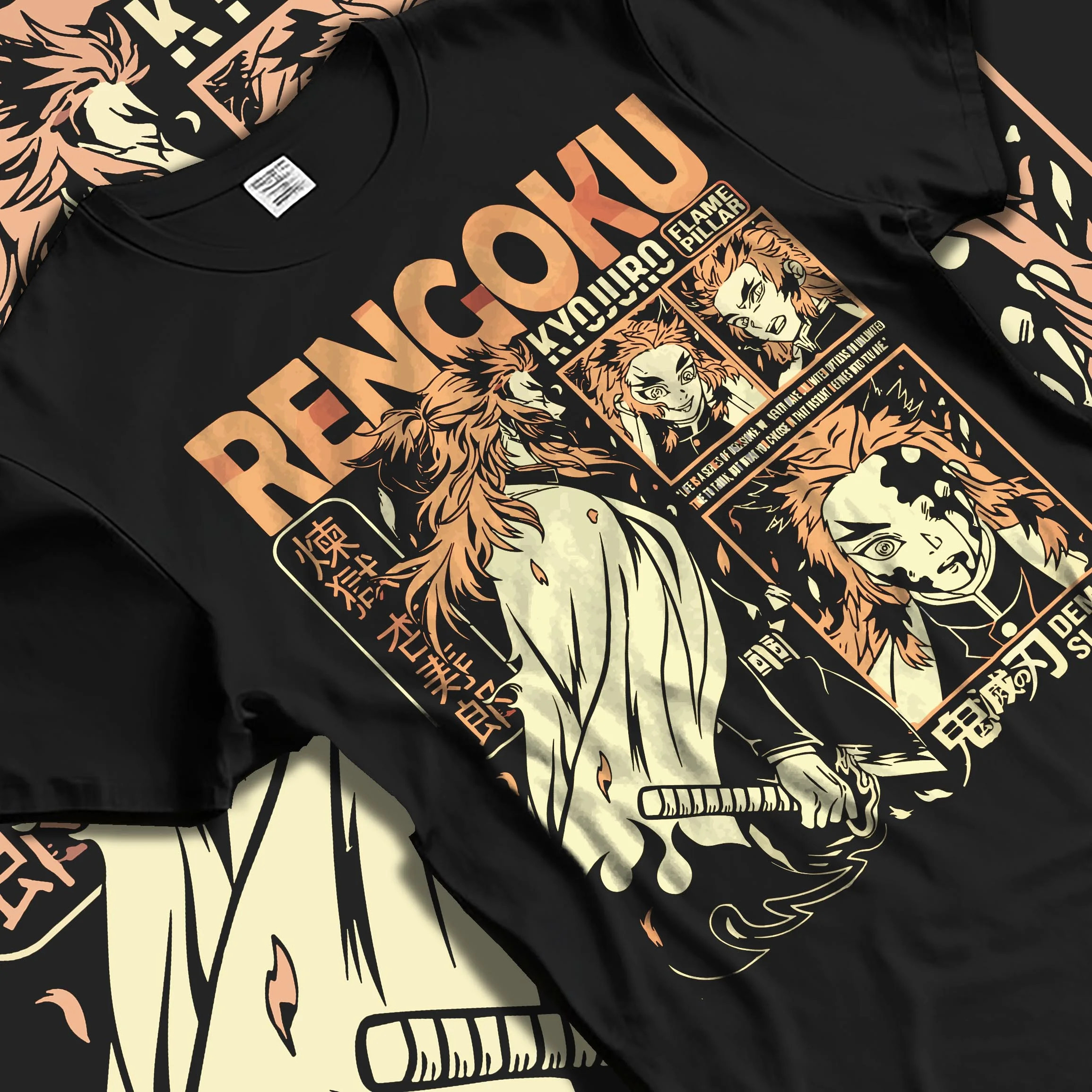 Black T-shirt laid flat with natural folds with Demon Slayer Rengoku Hoodie Flame Hashira Jumper graphic premium wear.