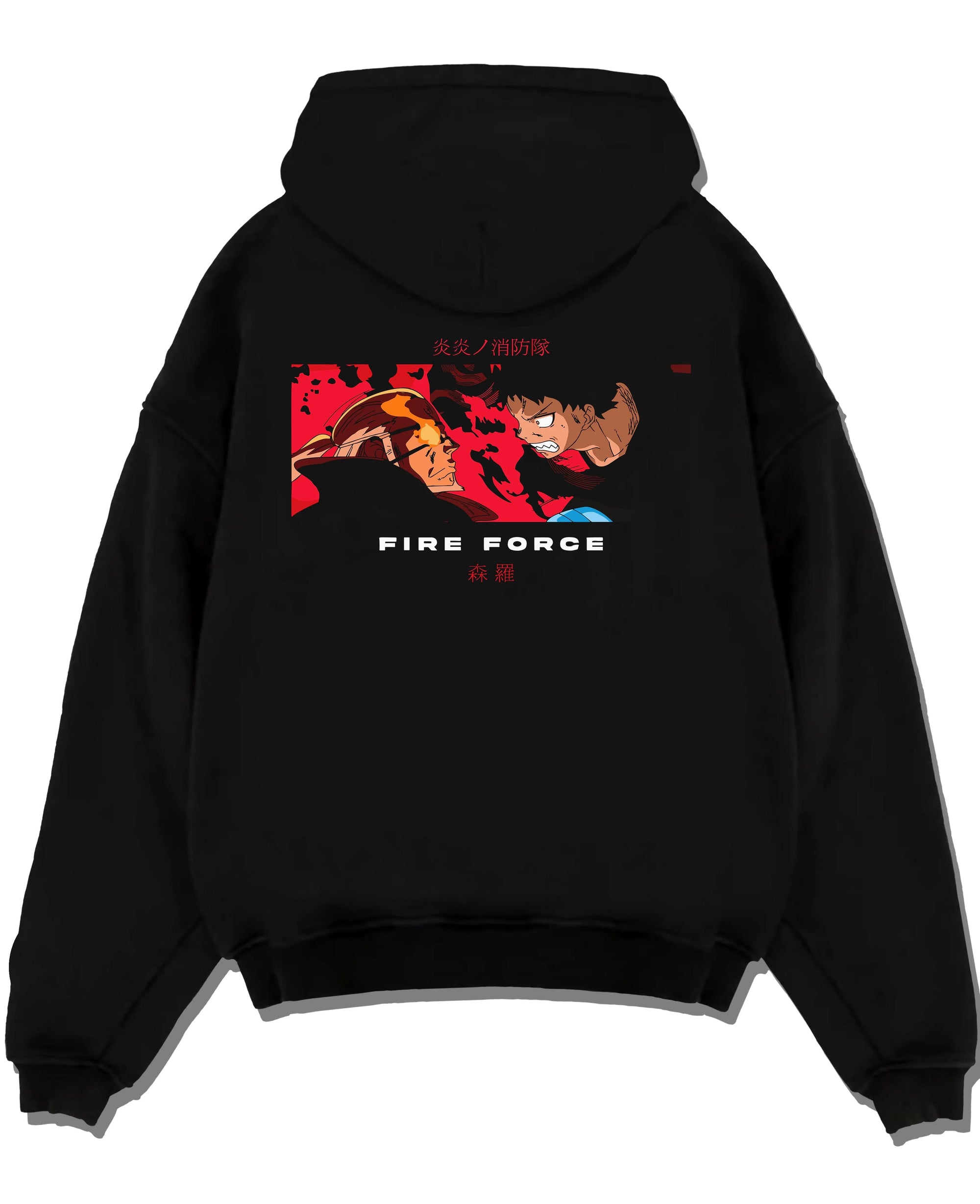 Black pullover hoodie laid flat with Fire Force Hoodie Shinra Kusakabe Burning Kick Pose graphic premium wear.