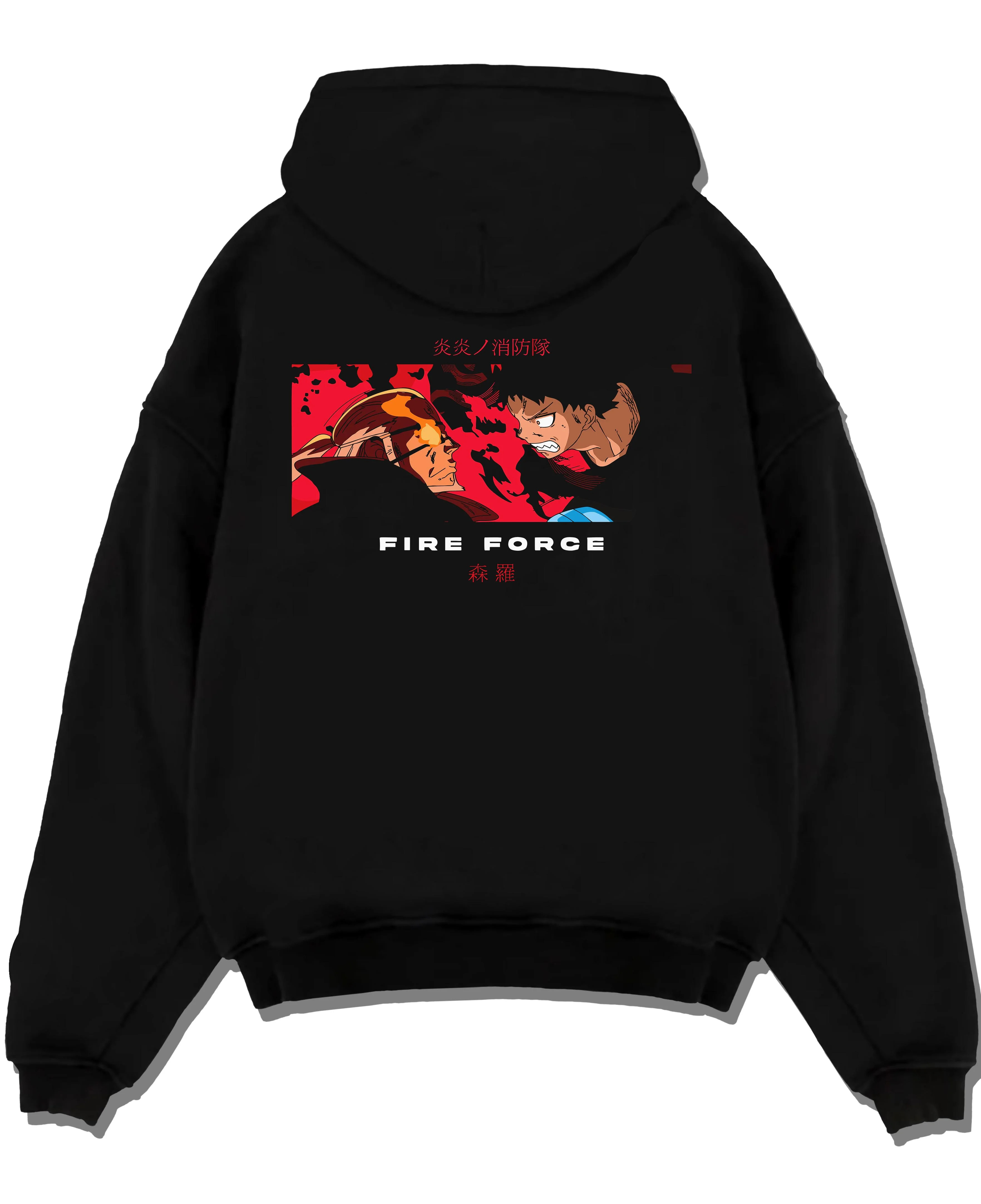 Black pullover hoodie laid flat with Fire Force Hoodie Shinra Kusakabe Burning Kick Pose graphic premium wear.