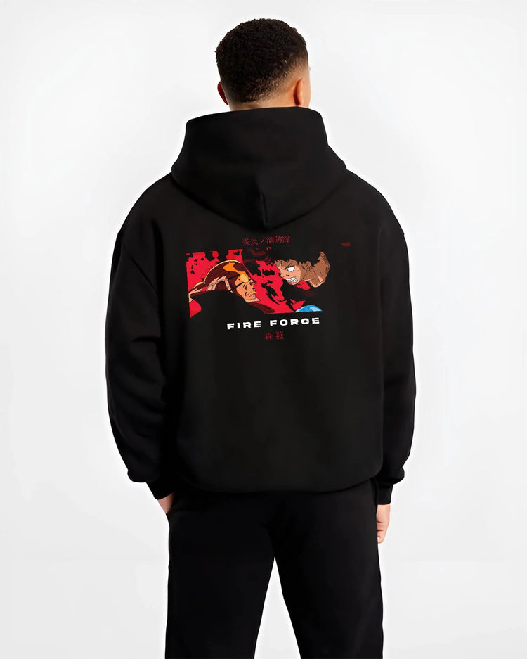 Black hoodie worn by male model, back view with Fire Force Hoodie Shinra Kusakabe Burning Kick Pose graphic premium wear.