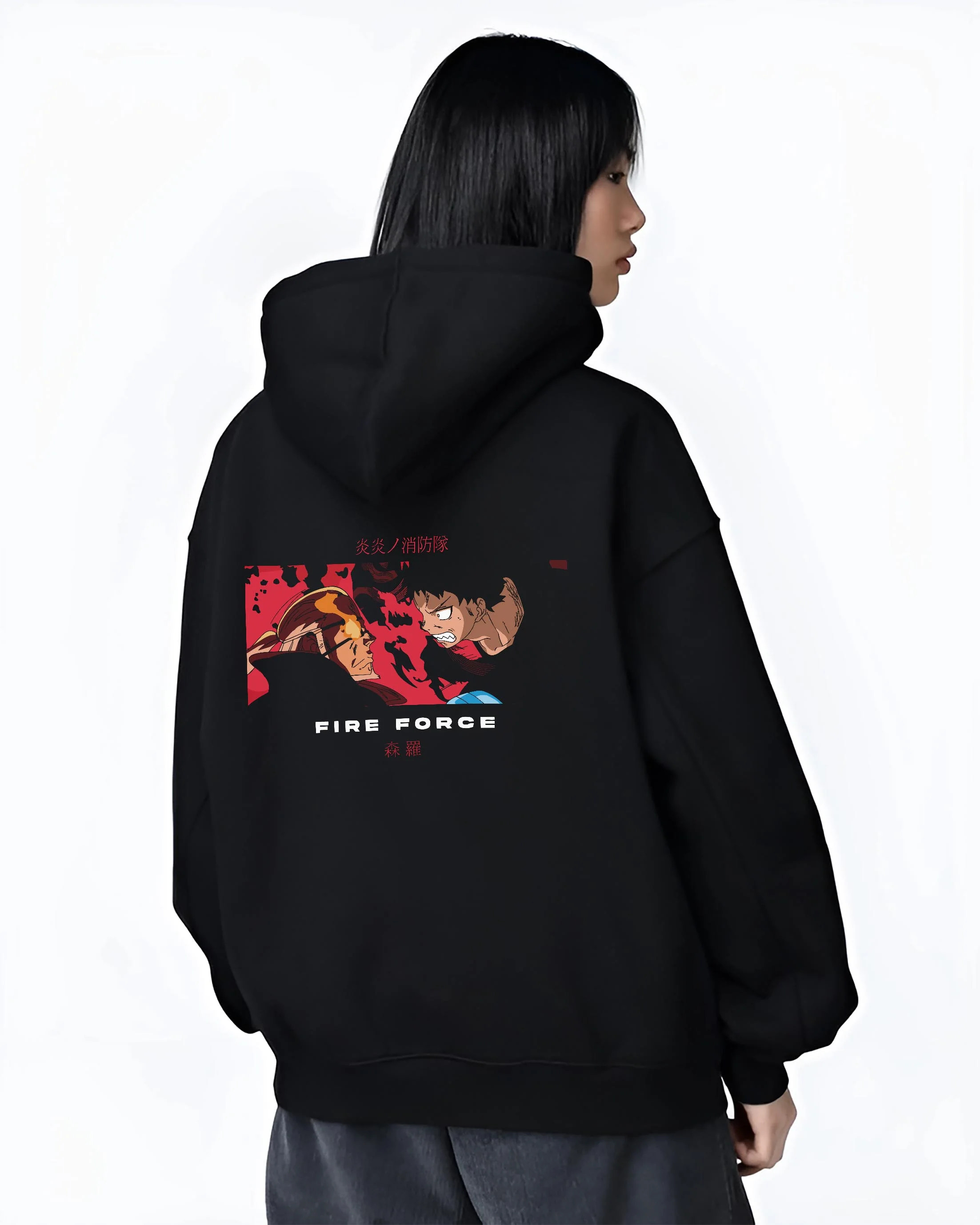 Black hoodie worn by female model, back view with Fire Force Hoodie Shinra Kusakabe Burning Kick Pose graphic bold anime graphic.