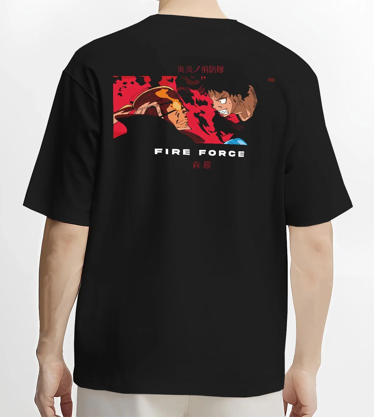Black T-shirt worn by male model, back view with Fire Force Hoodie Shinra Kusakabe Burning Kick Pose graphic premium wear.