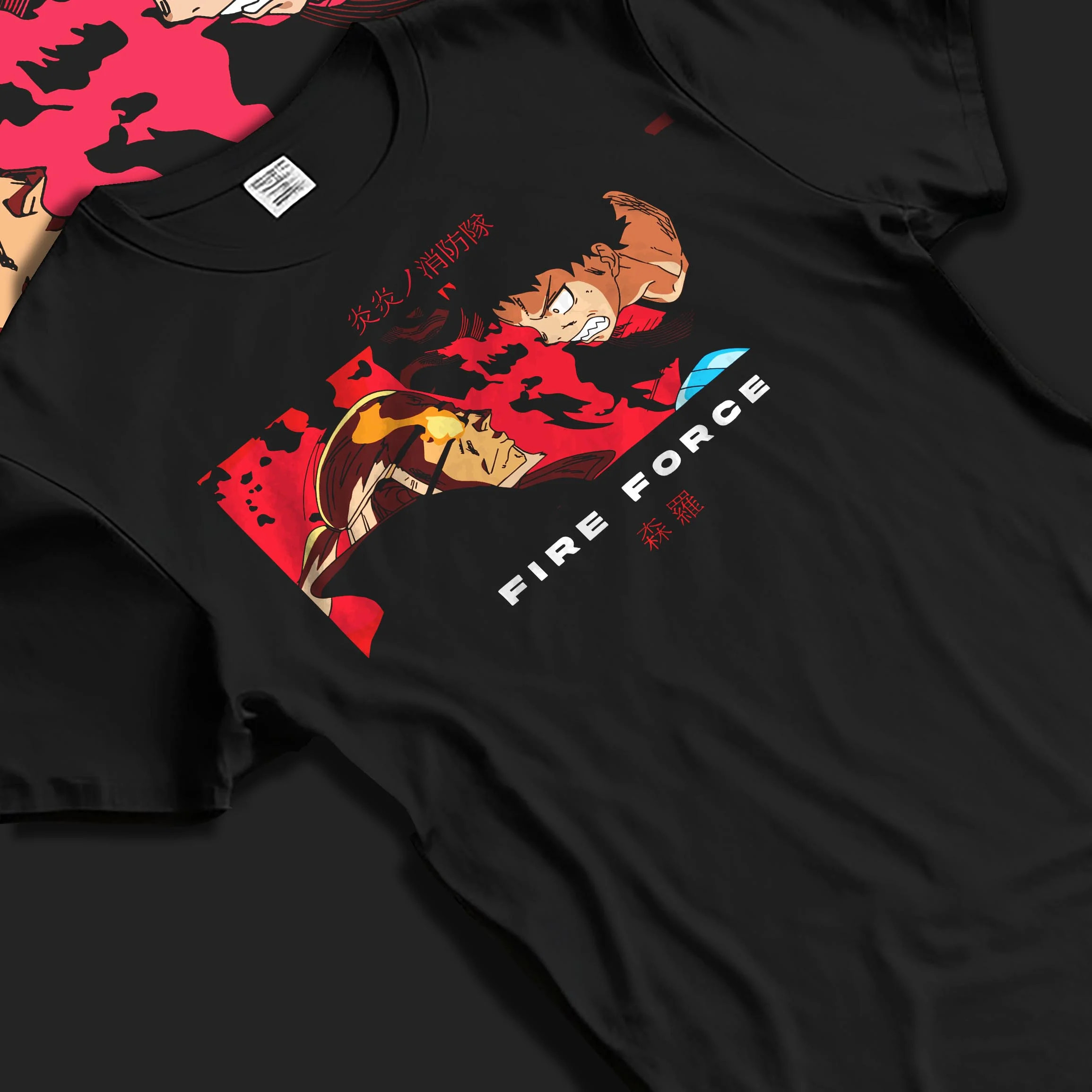 Black T-shirt laid flat with natural folds with Fire Force Hoodie Shinra Kusakabe Burning Kick Pose graphic premium wear.