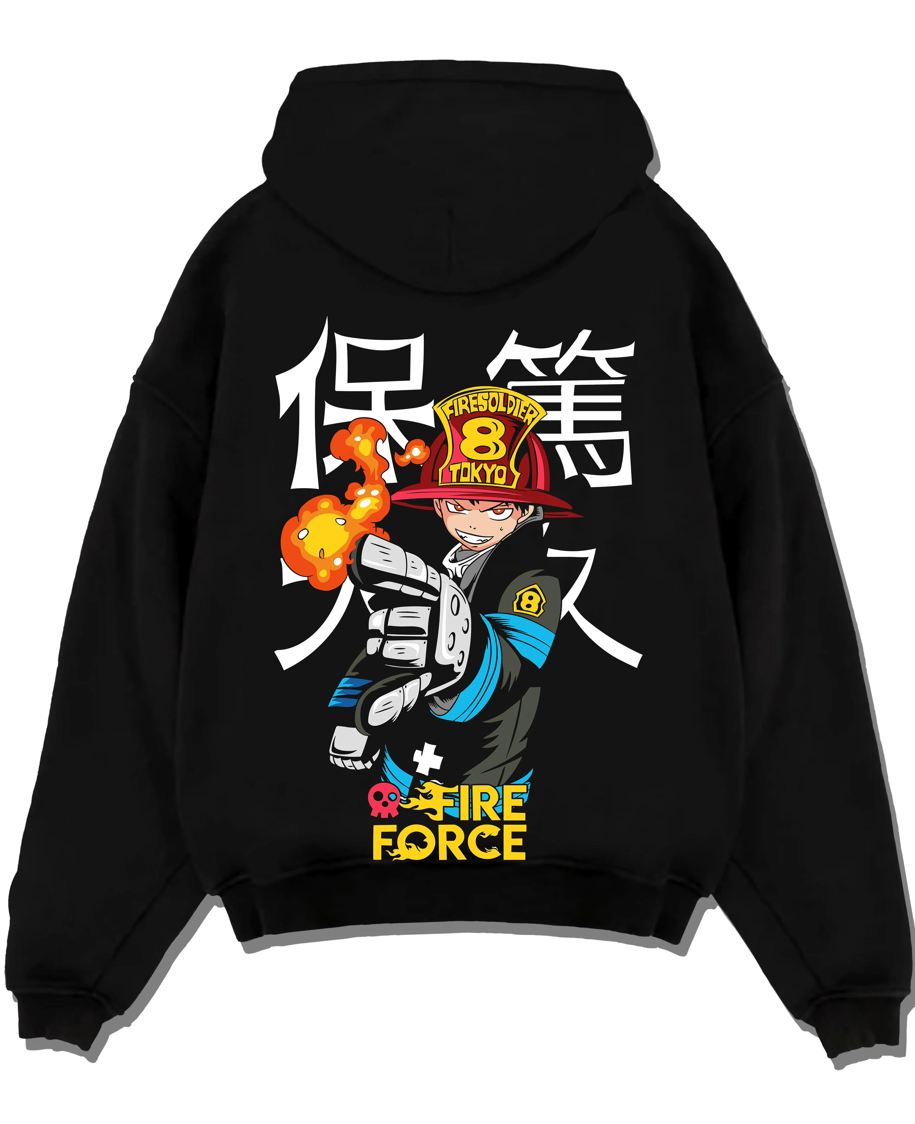 Black pullover hoodie laid flat with Fire Force Hoodie Shinra Kusakabe Fire Blast Stance graphic premium wear.