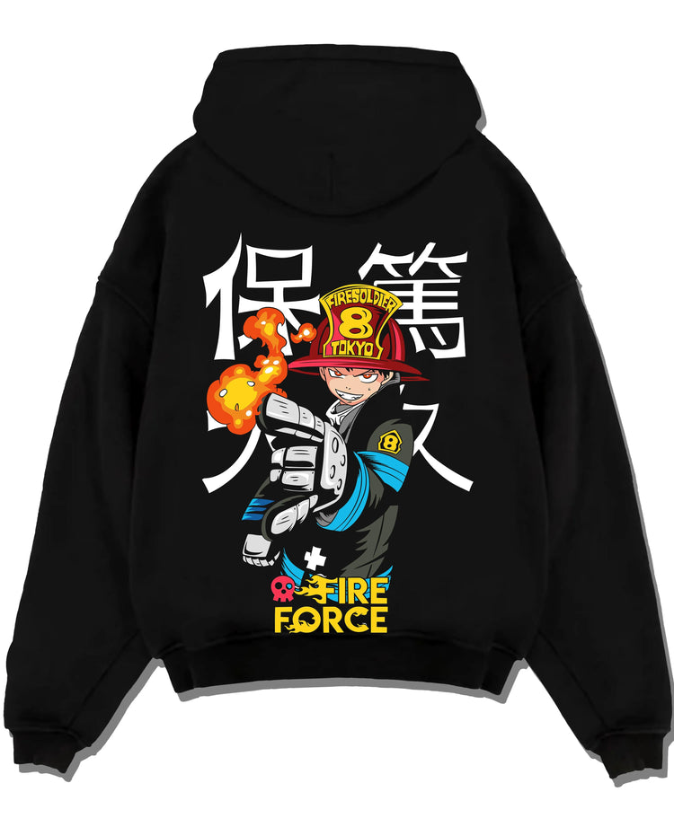 Black pullover hoodie laid flat with Fire Force Hoodie Shinra Kusakabe Fire Blast Stance graphic premium wear.