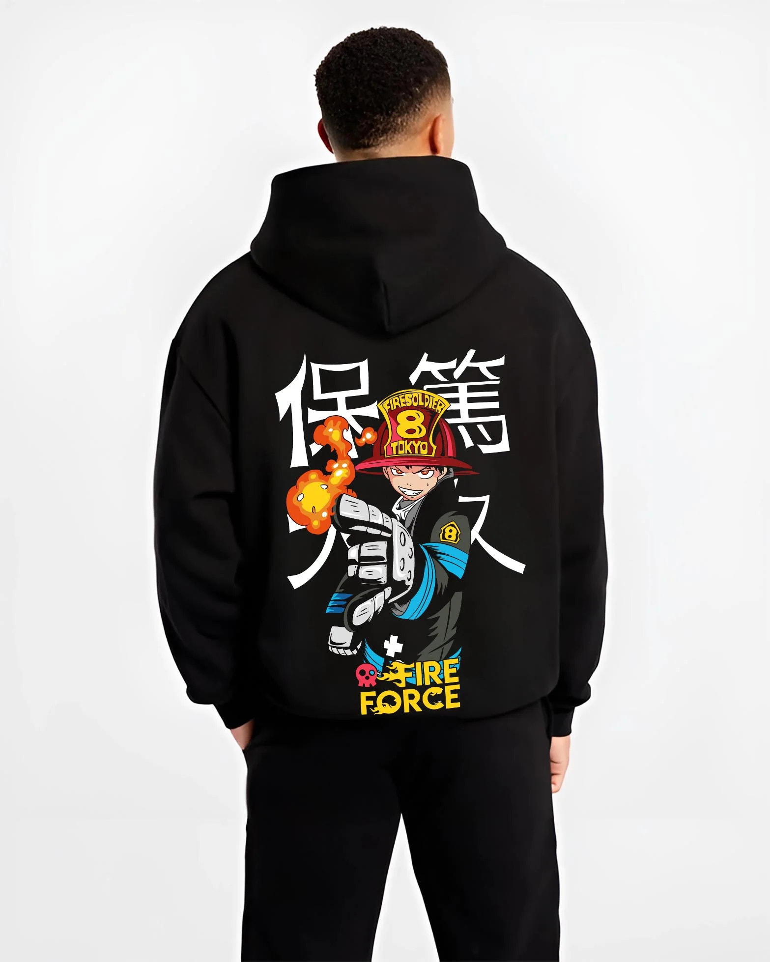 Black hoodie worn by male model, back view with Fire Force Hoodie Shinra Kusakabe Fire Blast Stance graphic streetwear graphic.