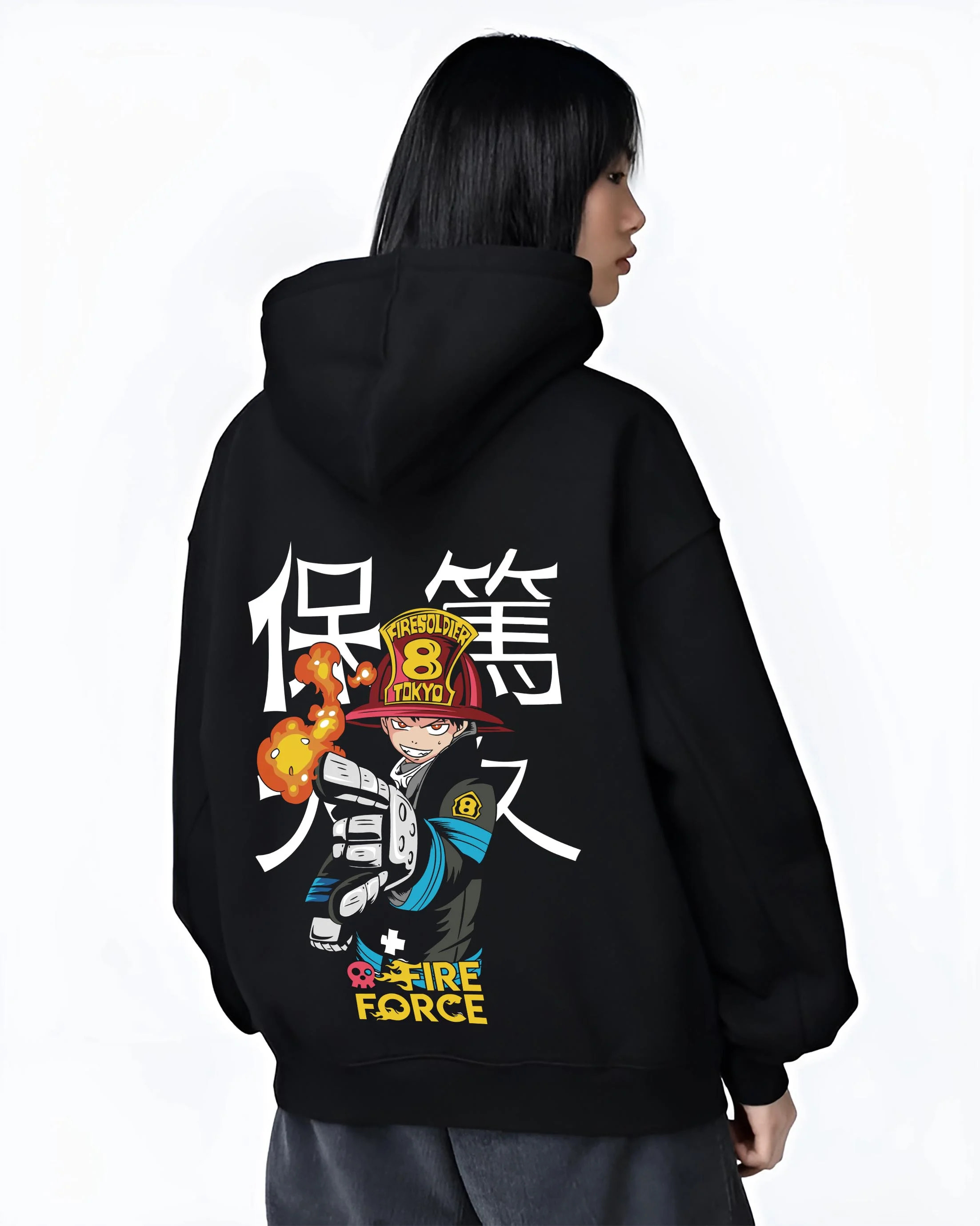 Black hoodie worn by female model, back view with Fire Force Hoodie Shinra Kusakabe Fire Blast Stance graphic premium wear.