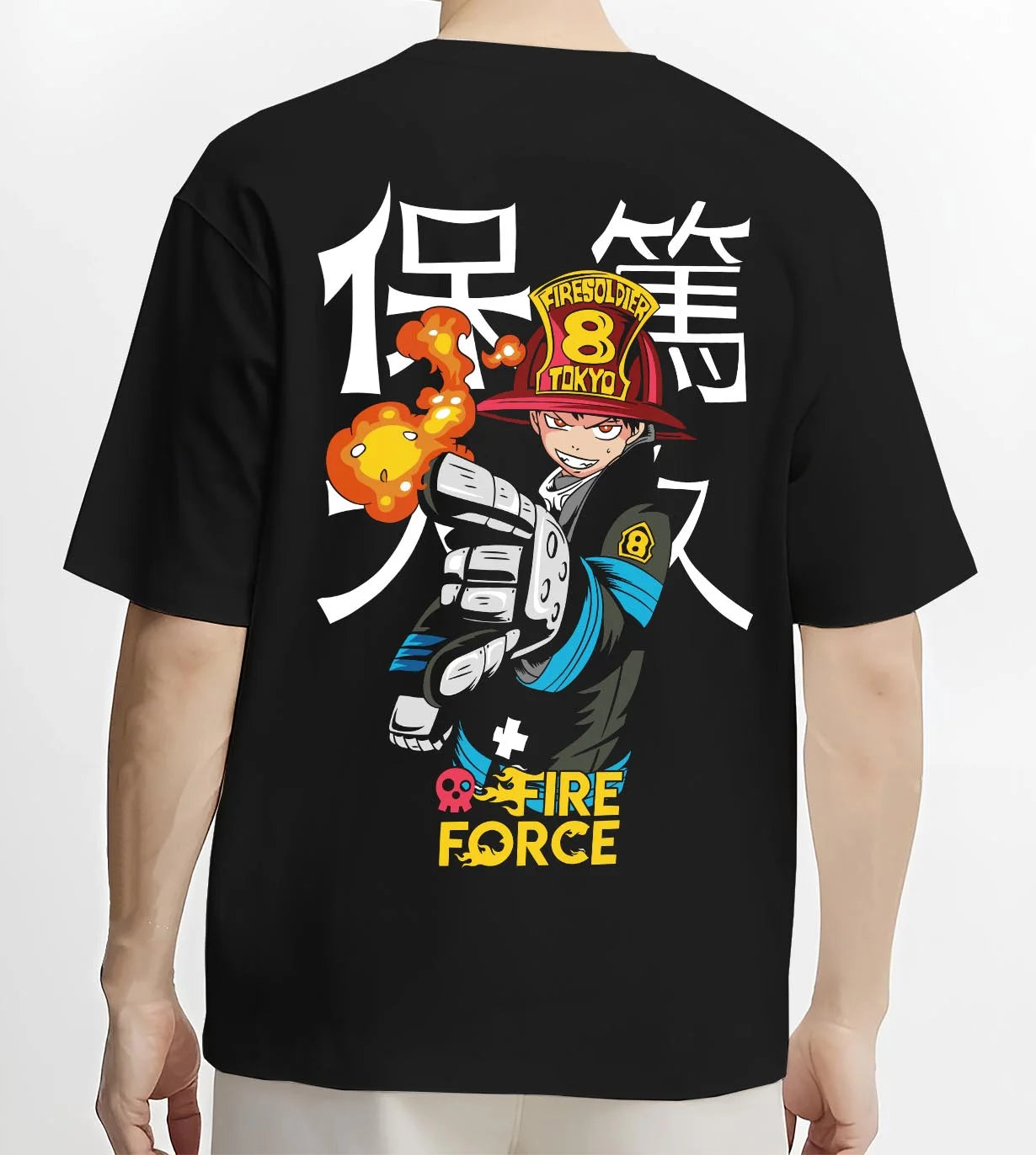 Black T-shirt worn by male model, back view with Fire Force Hoodie Shinra Kusakabe Fire Blast Stance graphic bold anime graphic.