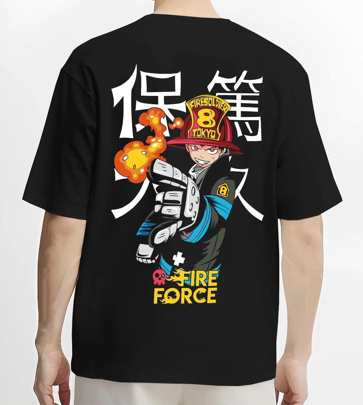 Black T-shirt worn by male model, back view with Fire Force Hoodie Shinra Kusakabe Fire Blast Stance graphic bold anime graphic.