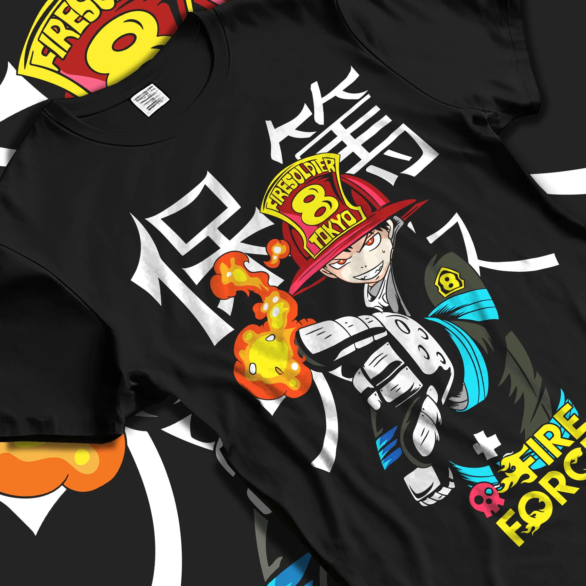 Black T-shirt laid flat with natural folds with Fire Force Hoodie Shinra Kusakabe Fire Blast Stance graphic bold anime graphic.