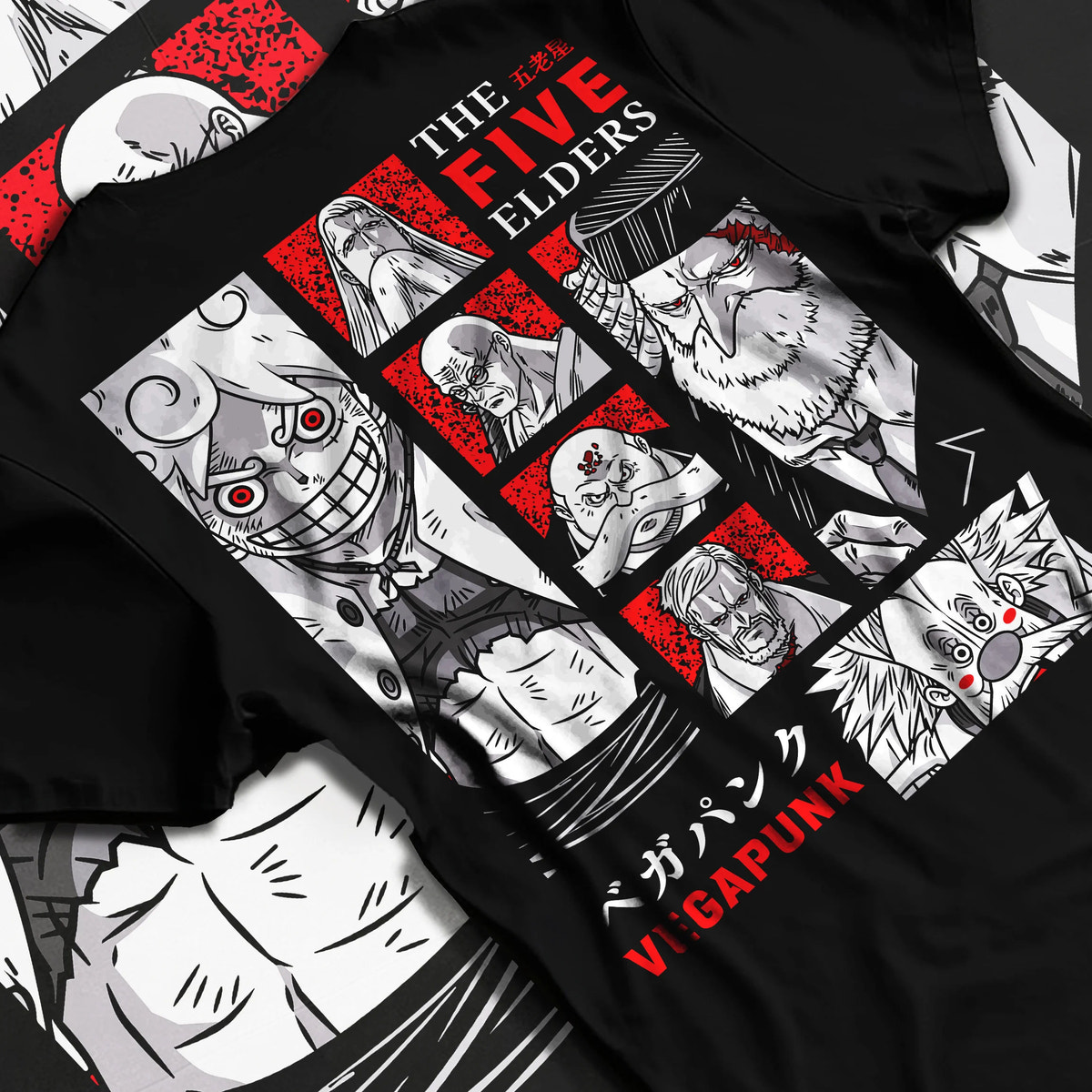 Black T-shirt flat back view showing The Five Elders from One Piece: One Piece Gorosei lineup