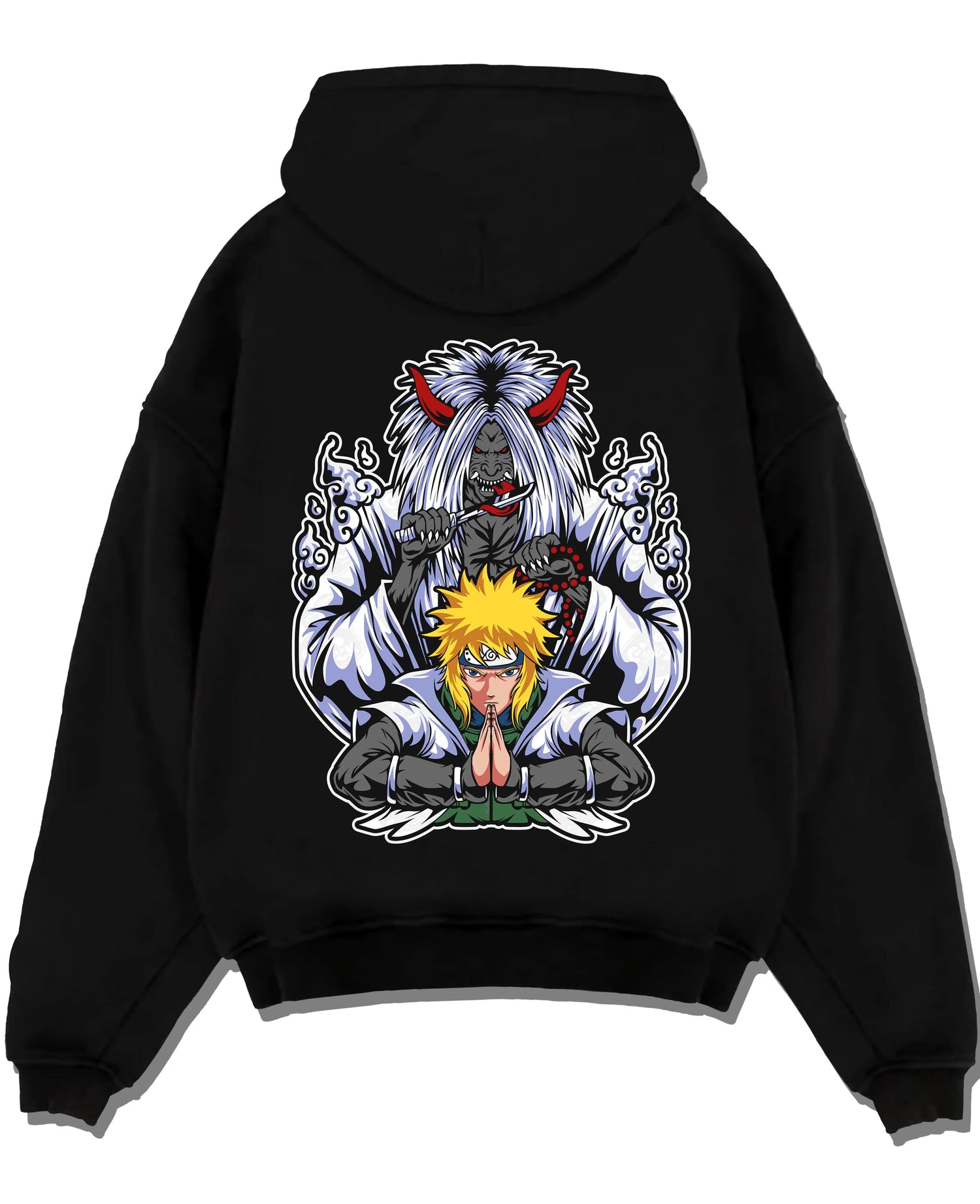 Black pullover hoodie laid flat with Naruto Hoodie Minato Namikaze Fourth Hokage Jumper graphic bold anime graphic.