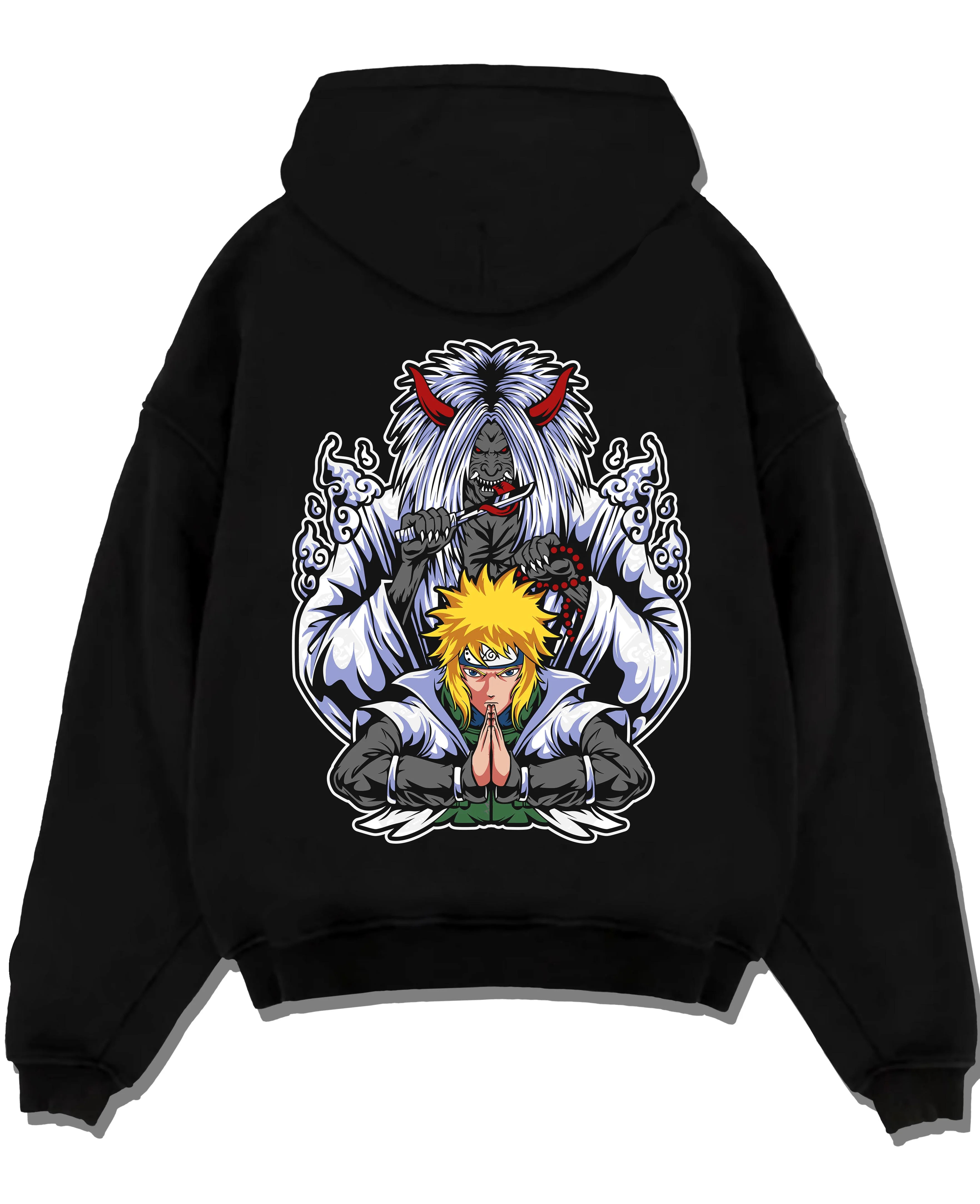 Black pullover hoodie laid flat with Naruto Hoodie Minato Namikaze Fourth Hokage Jumper graphic bold anime graphic.